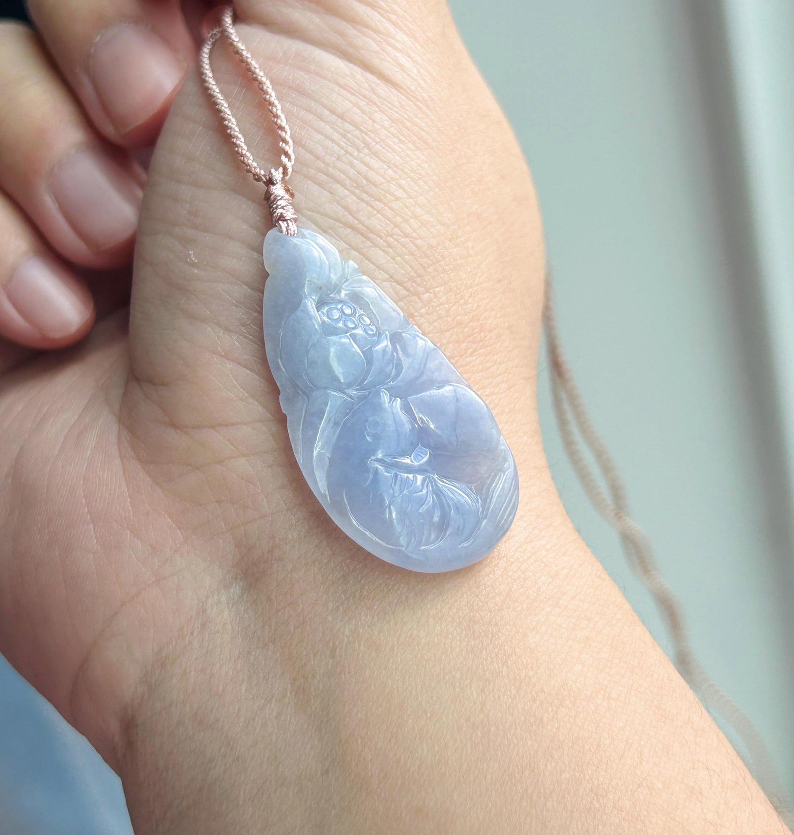 Certified Natural Jadeite Lotus & Koi Fish Pendant Handwoven Necklace Burmese Type A Translucent Icy Vivid Lavender Jade 38.5 x 20.3 x 6.6mm