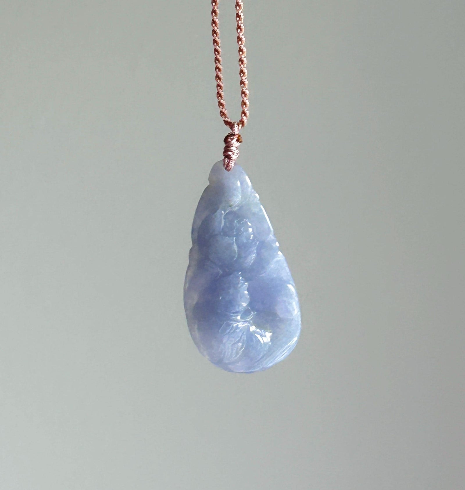 Certified Natural Jadeite Lotus & Koi Fish Pendant Handwoven Necklace Burmese Type A Translucent Icy Vivid Lavender Jade 38.5 x 20.3 x 6.6mm
