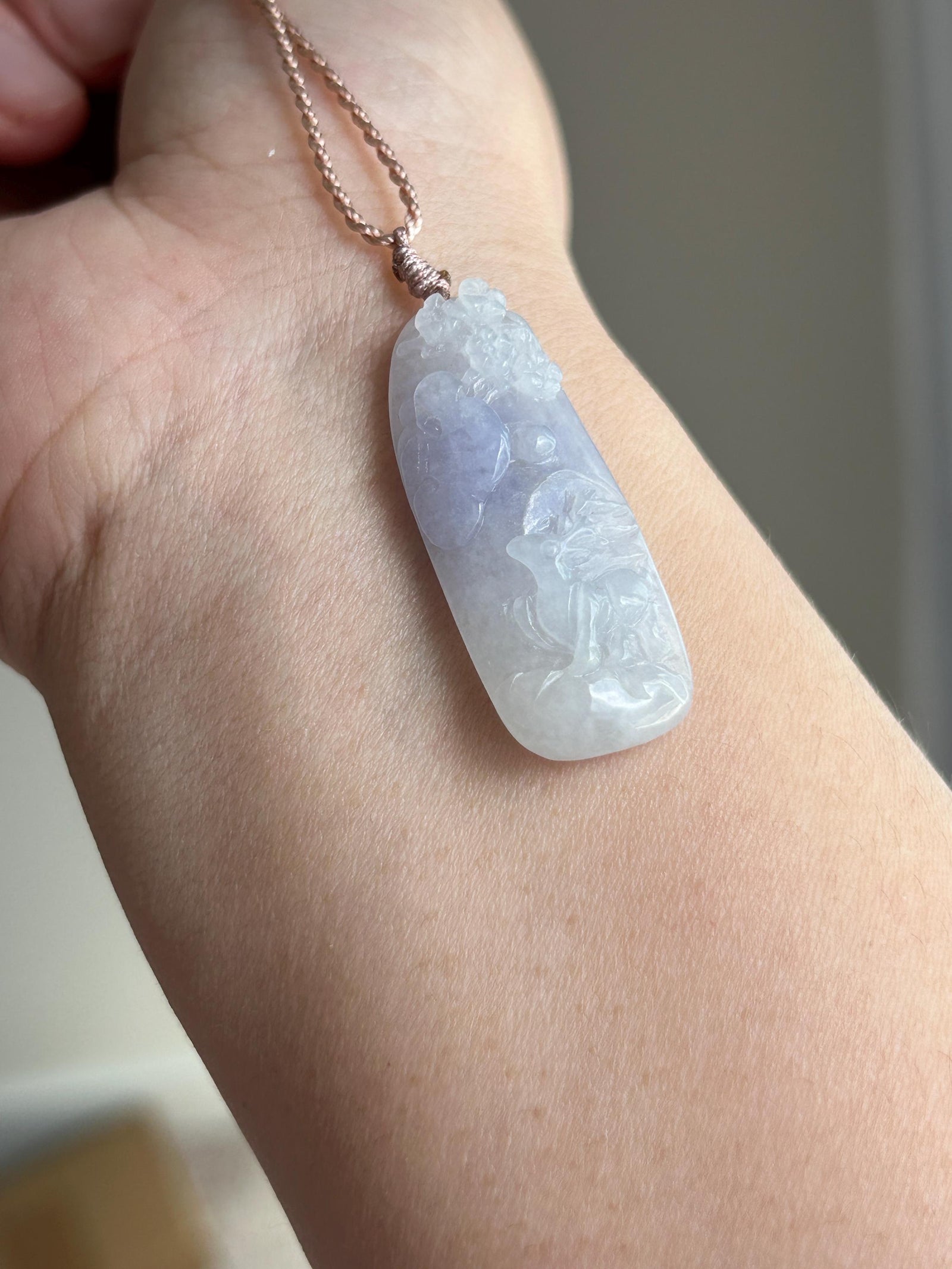 Certified Natural Jadeite Deer & Flowers Pendant Handwoven Necklace Burmese Type A Translucent Icy Lavender Jade 38 x 15.7 x 7mm