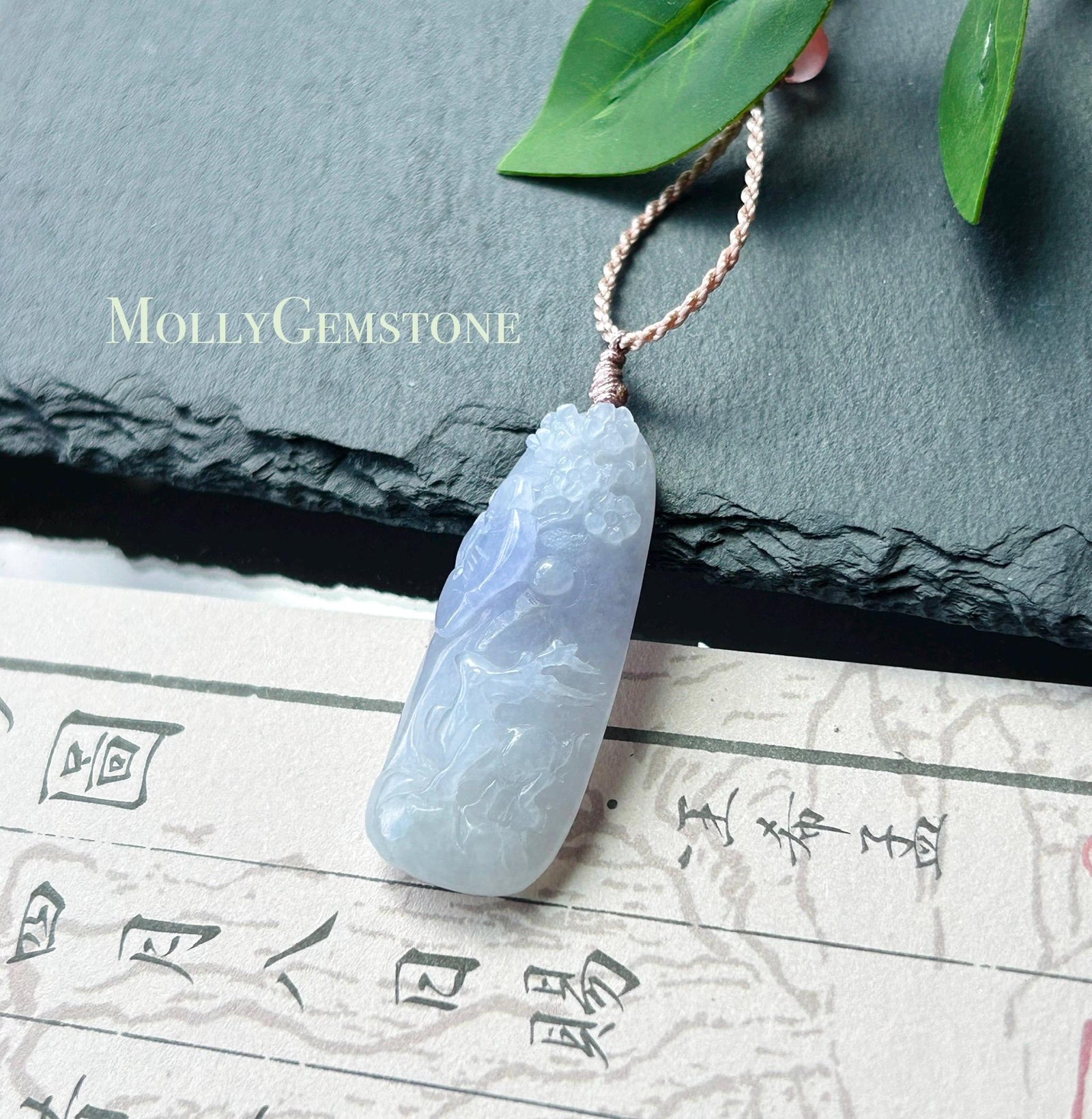 Certified Natural Jadeite Deer & Flowers Pendant Handwoven Necklace Burmese Type A Translucent Icy Lavender Jade 38 x 15.7 x 7mm