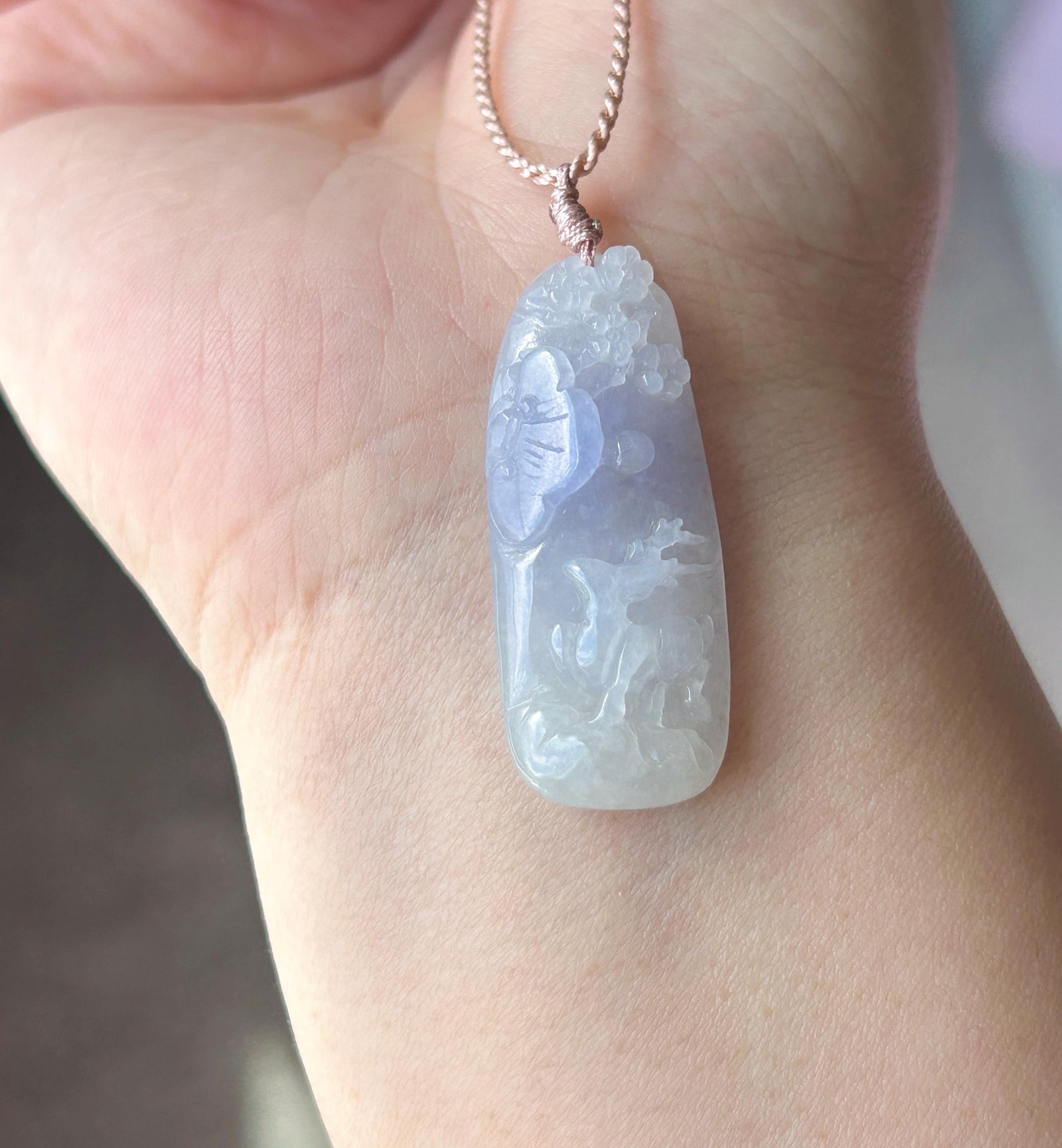Certified Natural Jadeite Deer & Flowers Pendant Handwoven Necklace Burmese Type A Translucent Icy Lavender Jade 38 x 15.7 x 7mm
