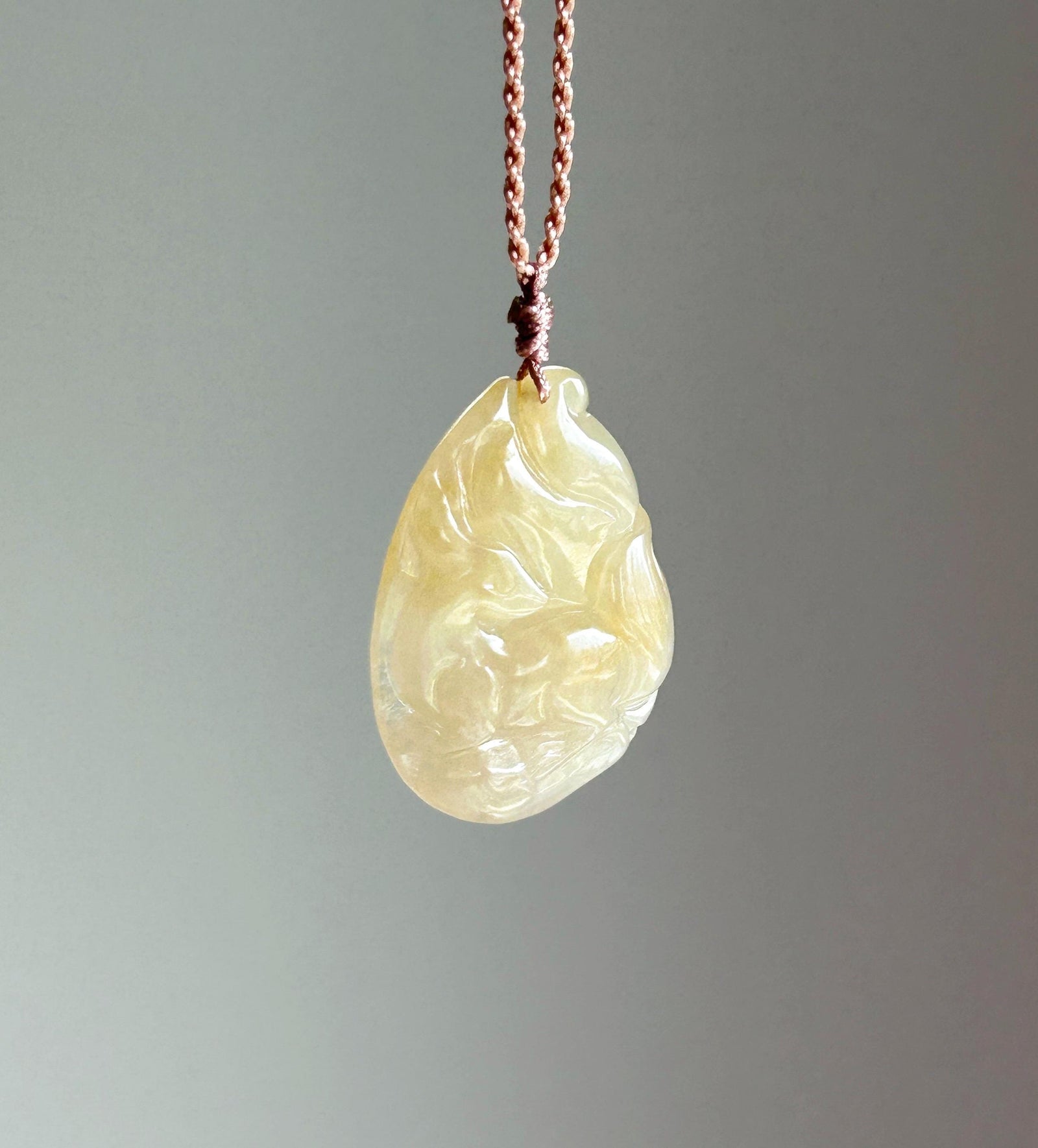 Certified Natural Jadeite Nine-Tail-Fox Pendant Handwoven Necklace Burmese Type A Icy Translucent Honey Yellow Jade 30 x 23 x 6mm