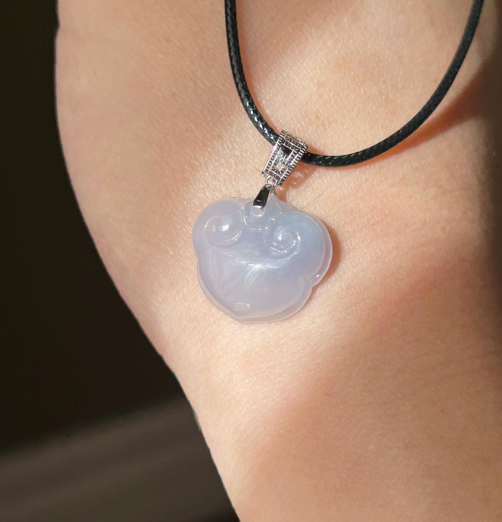 Certified Natural Jadeite RuYi Lock Pendant Minimalist Jewelry Burmese Type A Highly Translucent Icy Lavender Jade 18k Solid Gold Bail