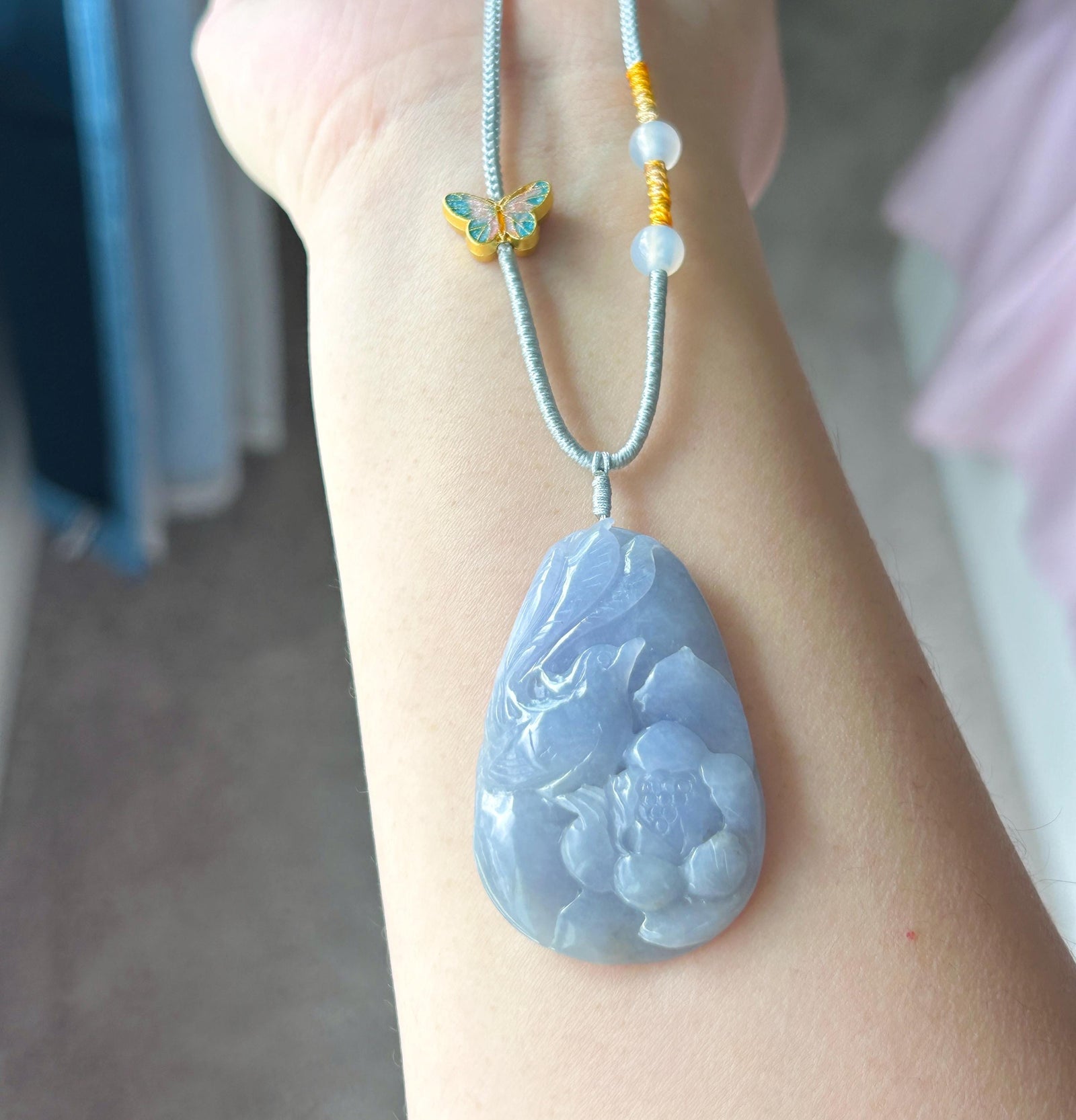 Certified Natural Jadeite Phoenix Pendant Handwoven Necklace Burmese Type A Translucent Icy Vivid Lavender Jade 46 x 30 x 8.6mm