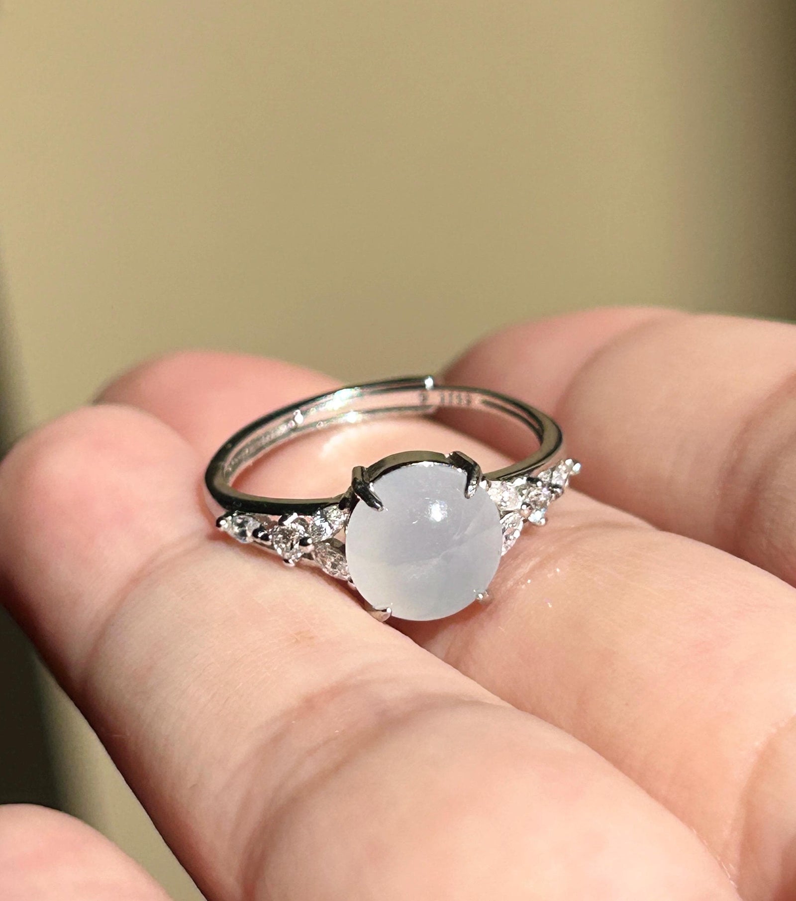 Natural Jadeite Cabochon Ring Burmese Type A fine glutinous Light Blue Jade | Sterling Silver| Adjustable Size