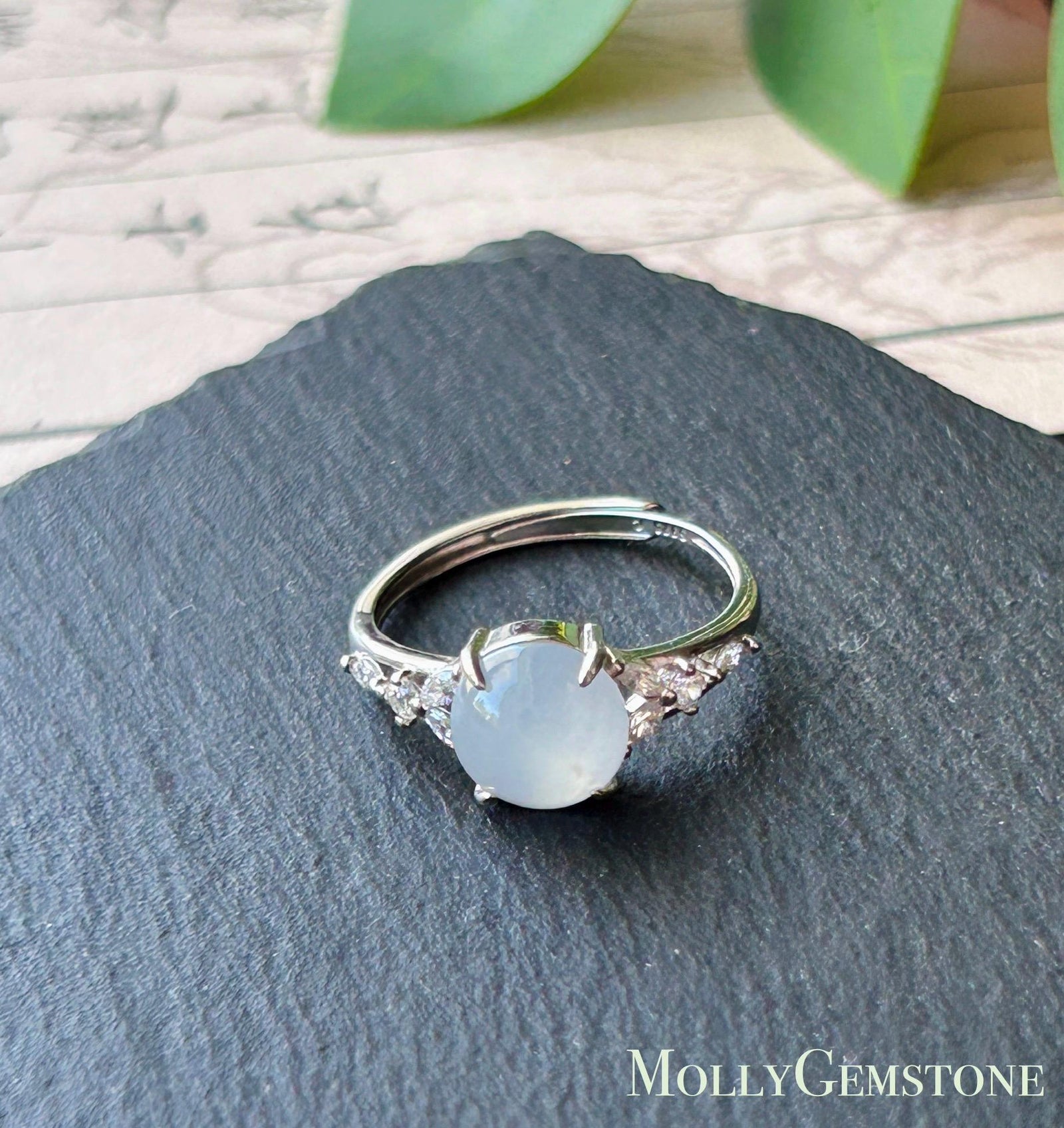 Natural Jadeite Cabochon Ring Burmese Type A fine glutinous Light Blue Jade | Sterling Silver| Adjustable Size