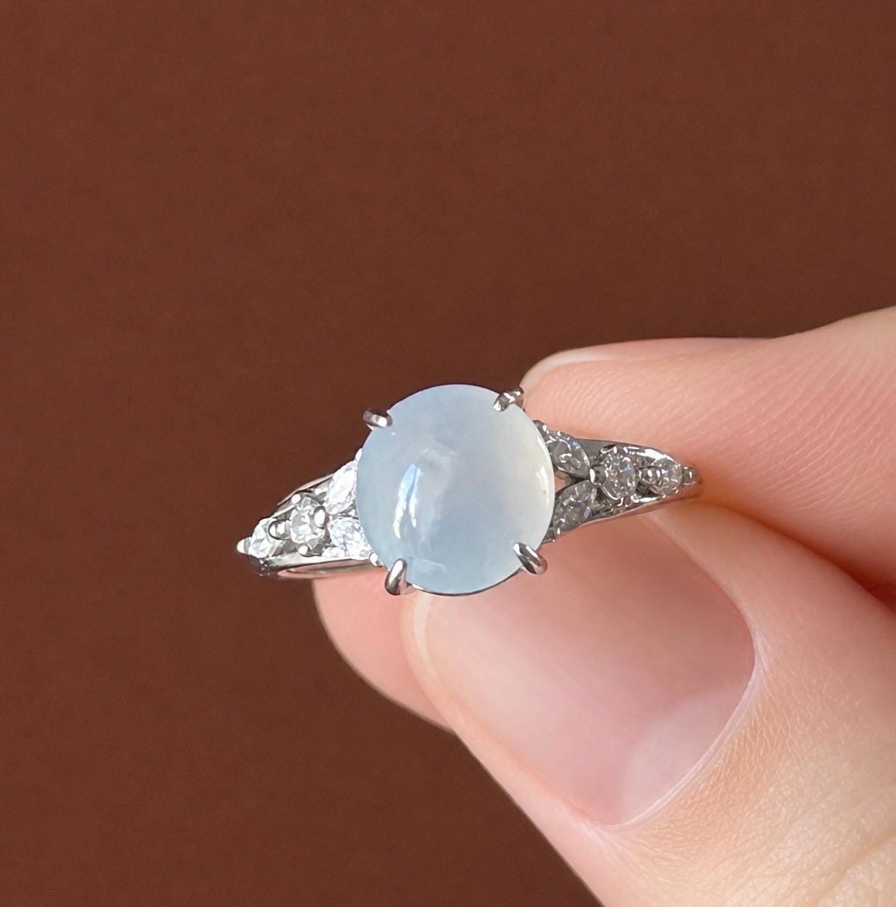 Natural Jadeite Cabochon Ring Burmese Type A fine glutinous Light Blue Jade | Sterling Silver| Adjustable Size