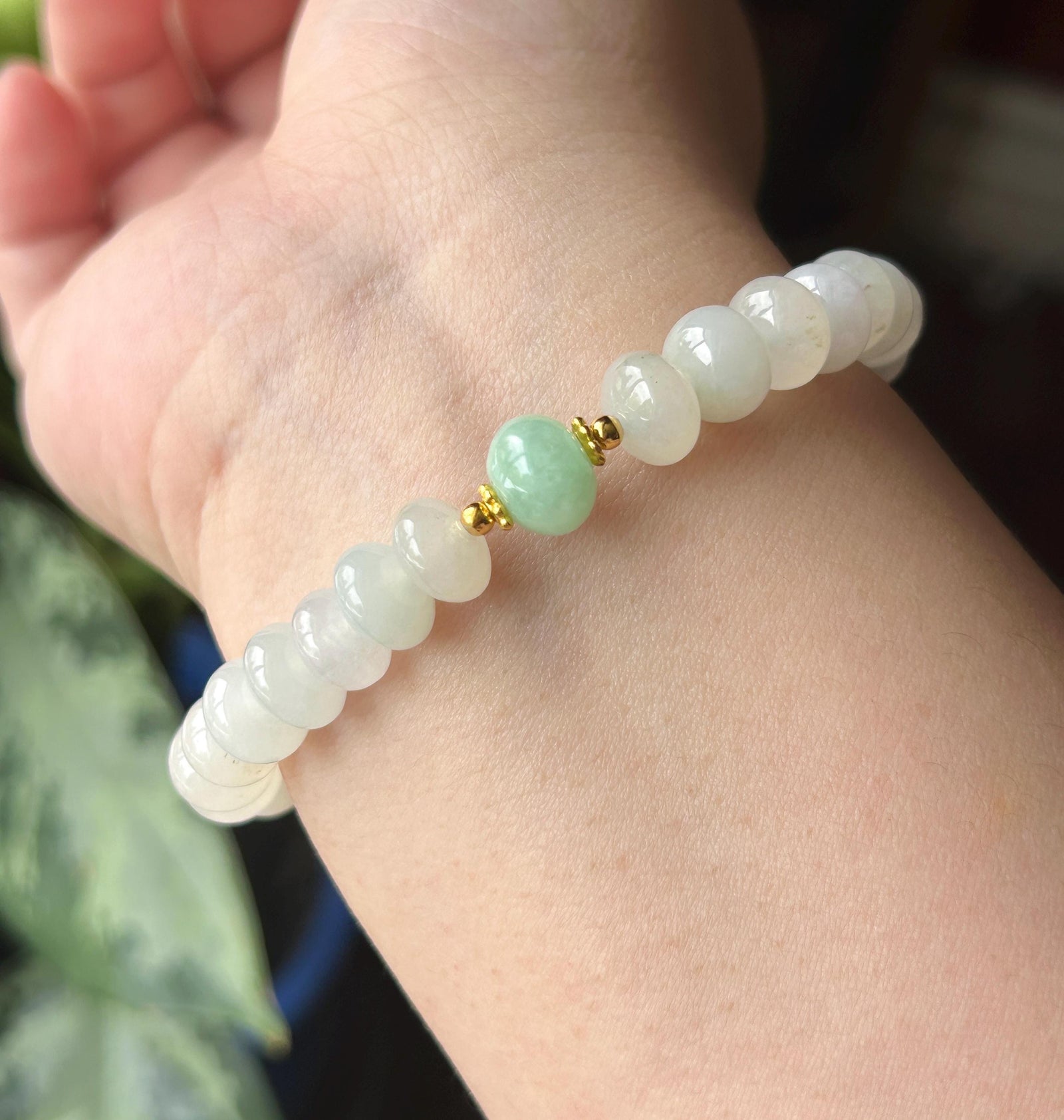 Natural Jadeite Beaded Bracelet – Burmese Type A Highly Translucent Icy White & Green Jade, 9mm
