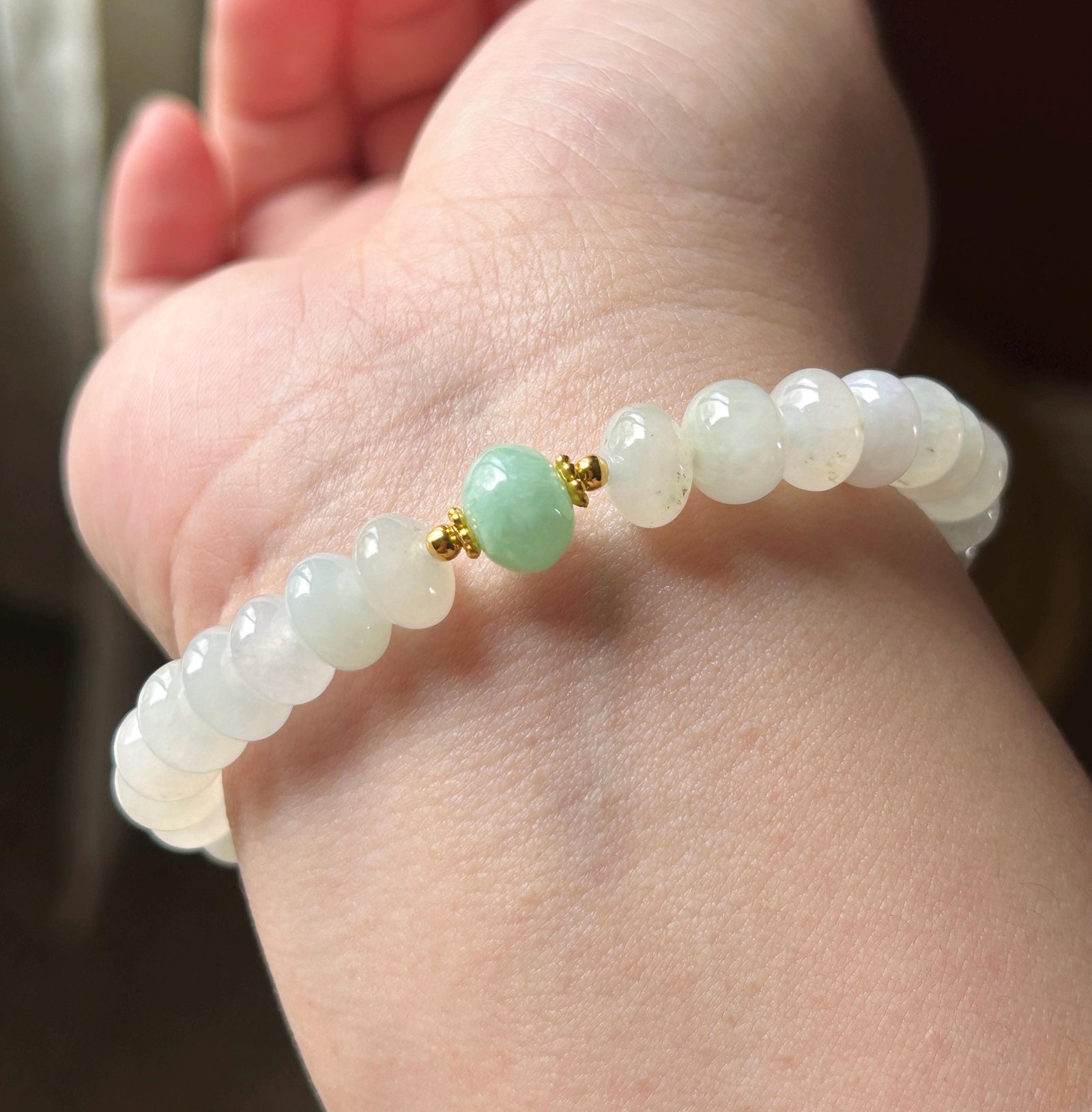 Natural Jadeite Beaded Bracelet – Burmese Type A Highly Translucent Icy White & Green Jade, 9mm