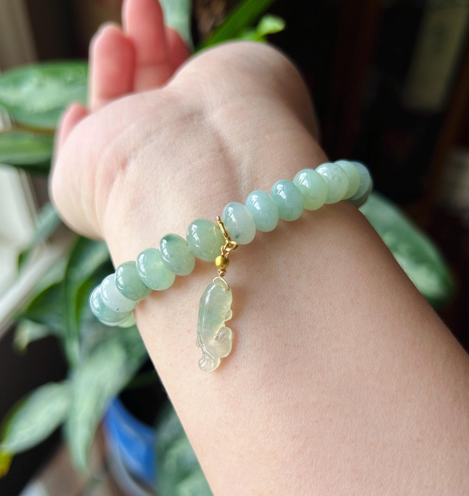 Natural Jadeite Beaded Bracelet – Burmese Type A Highly Translucent Icy Blue & Green Floral Jade, 9mm