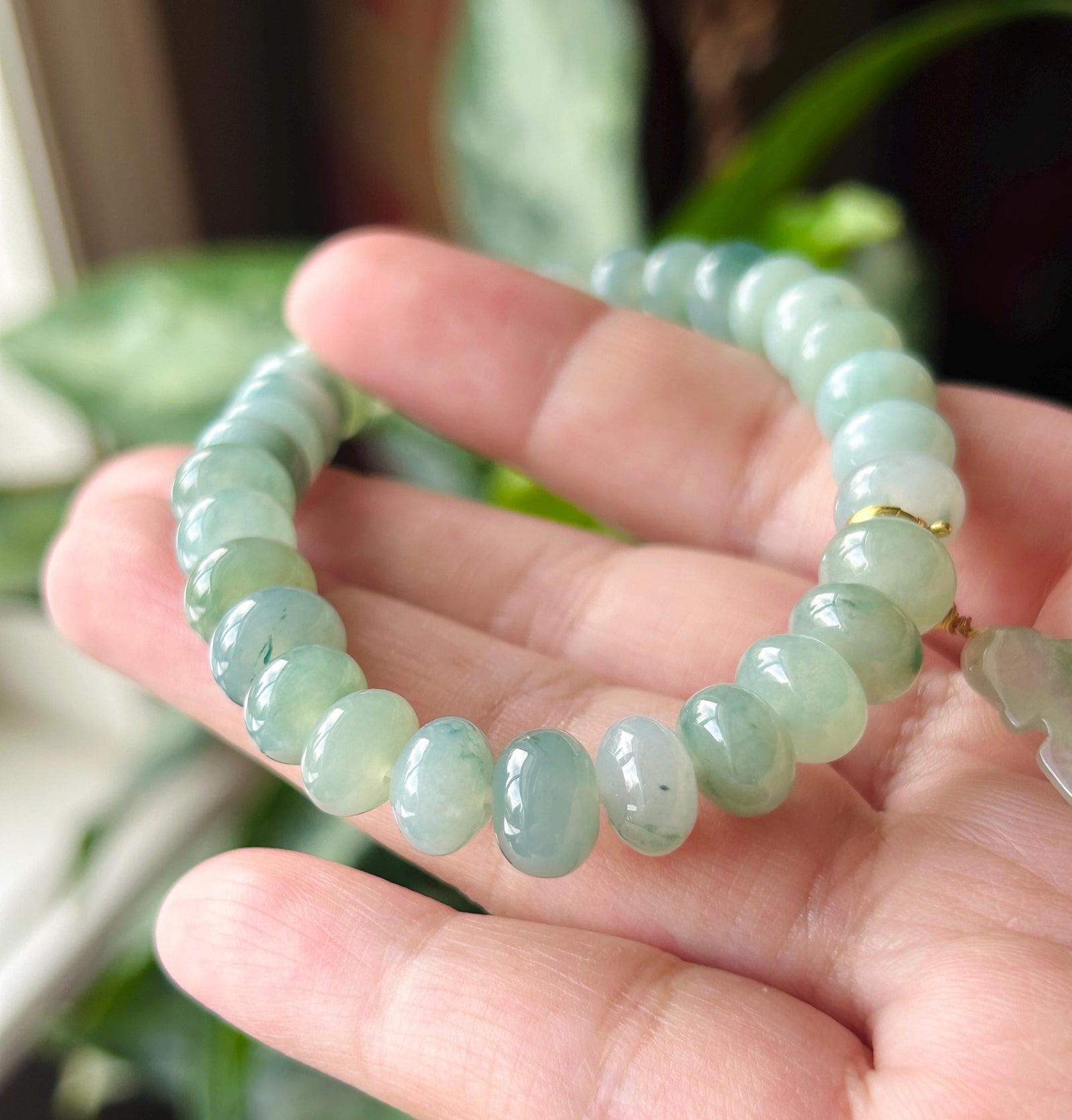 Natural Jadeite Beaded Bracelet – Burmese Type A Highly Translucent Icy Blue & Green Floral Jade, 9mm