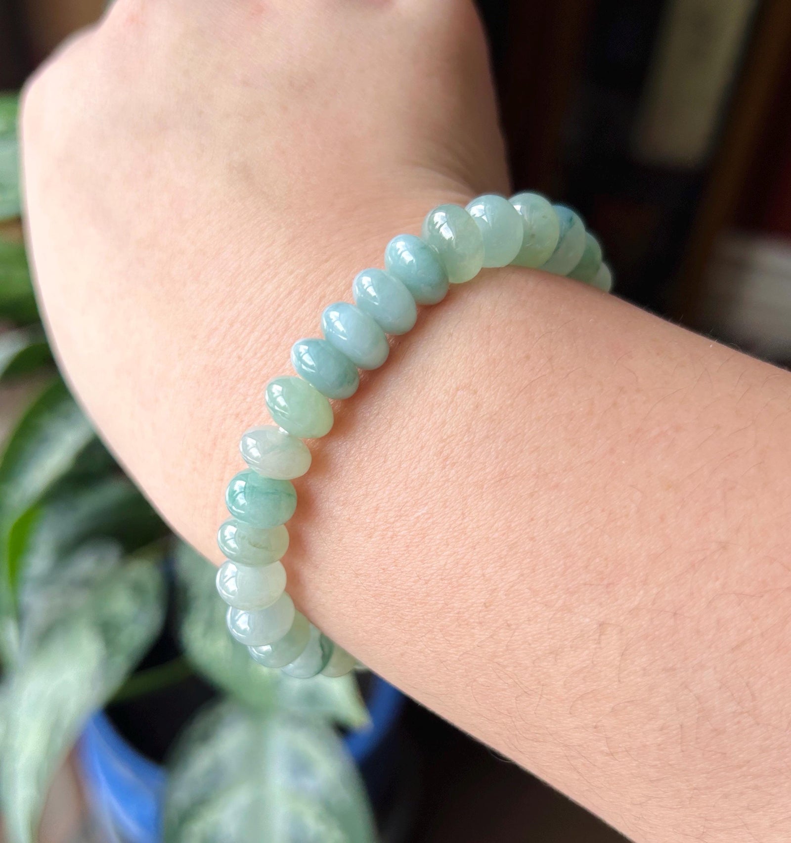 Natural Jadeite Beaded Bracelet – Burmese Type A Highly Translucent Icy Blue & Green Floral Jade, 9mm