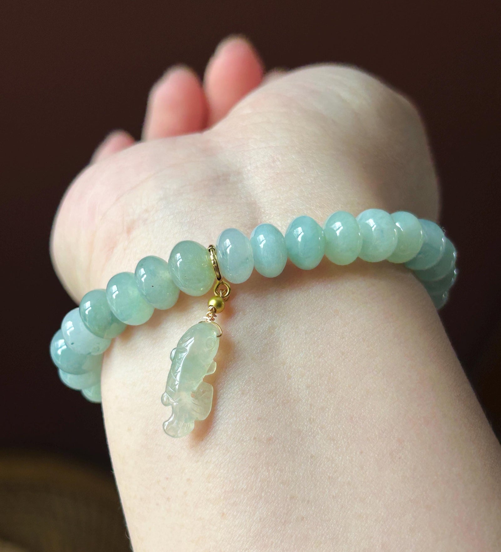 Natural Jadeite Beaded Bracelet – Burmese Type A Highly Translucent Icy Blue & Green Floral Jade, 9mm