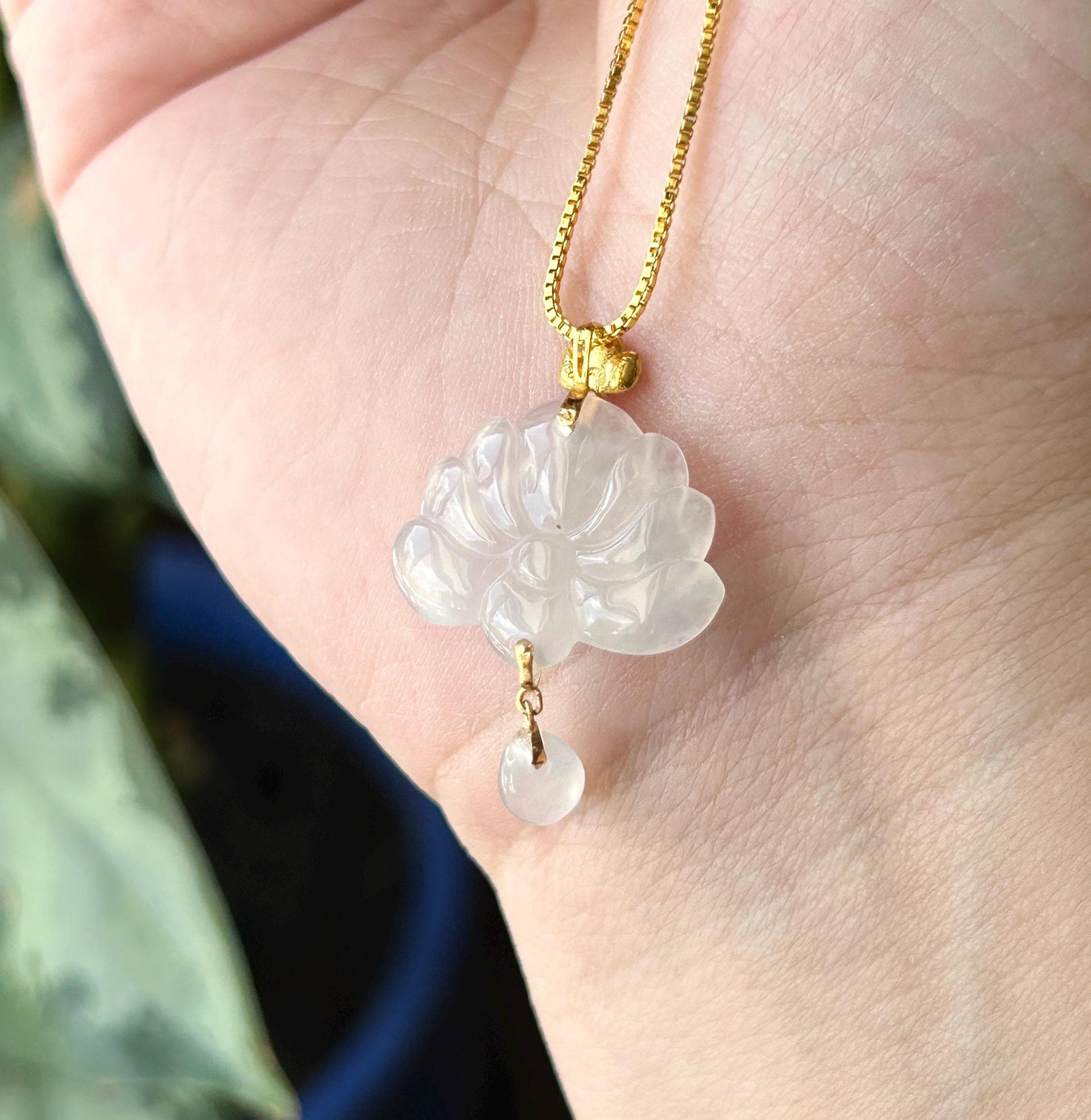 Certified Natural Jadeite Lotus Pendant Minimalist Jewelry Burmese Type A Highly Translucent Icy Moonlight White Jade, 18k Solid Gold Bail
