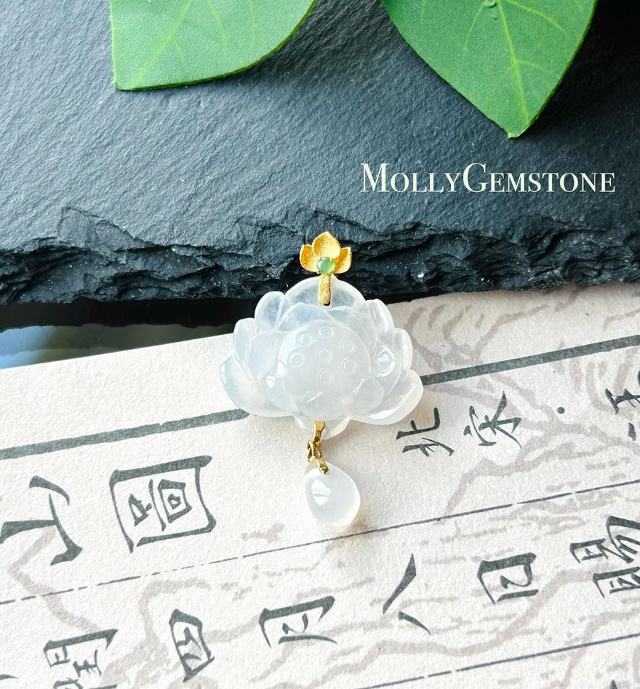 Certified Natural Jadeite Lotus Pendant Minimalist Jewelry Burmese Type A Highly Translucent Icy Moonlight White Jade, 18k Solid Gold Bail