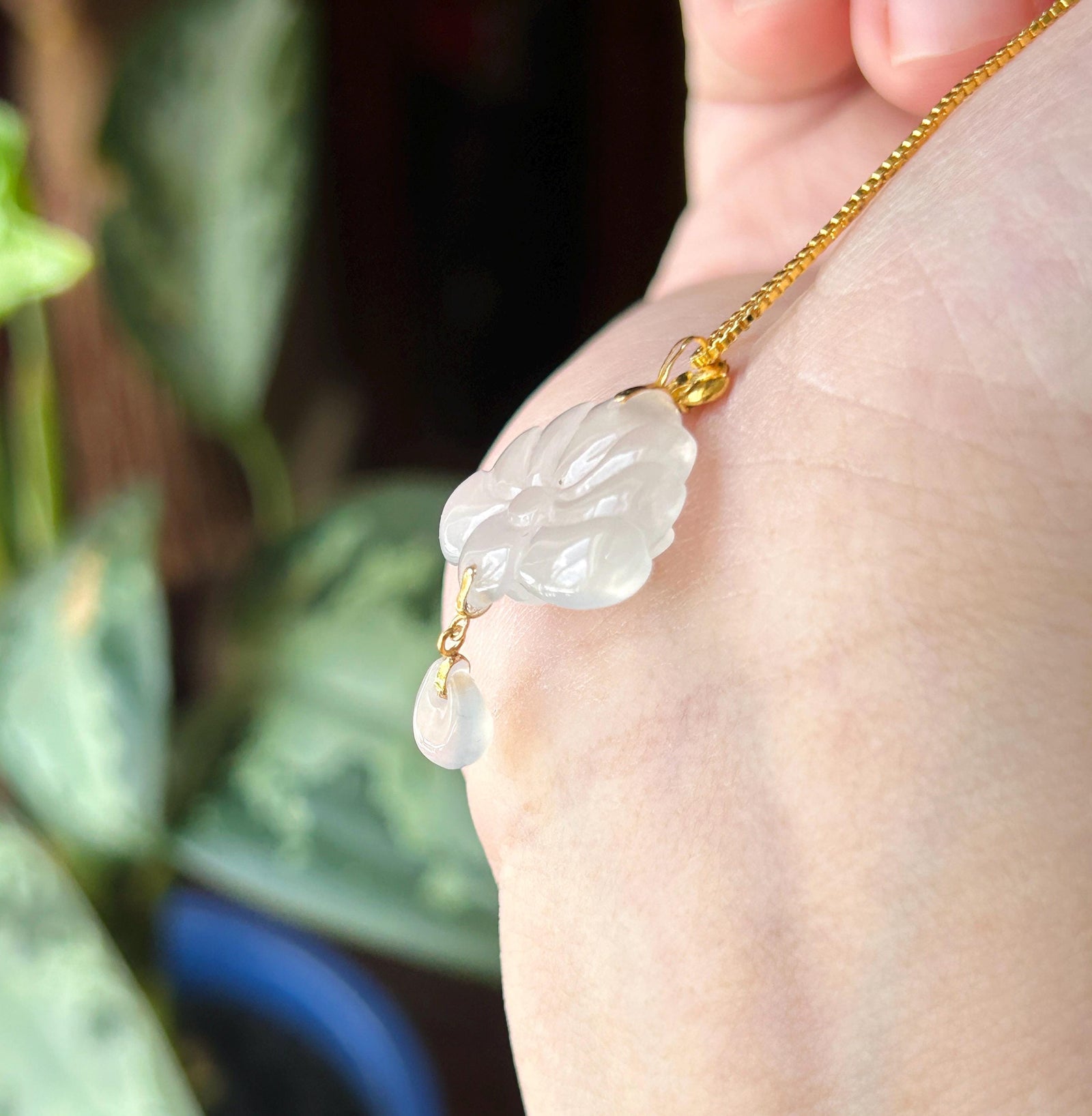 Certified Natural Jadeite Lotus Pendant Minimalist Jewelry Burmese Type A Highly Translucent Icy Moonlight White Jade, 18k Solid Gold Bail