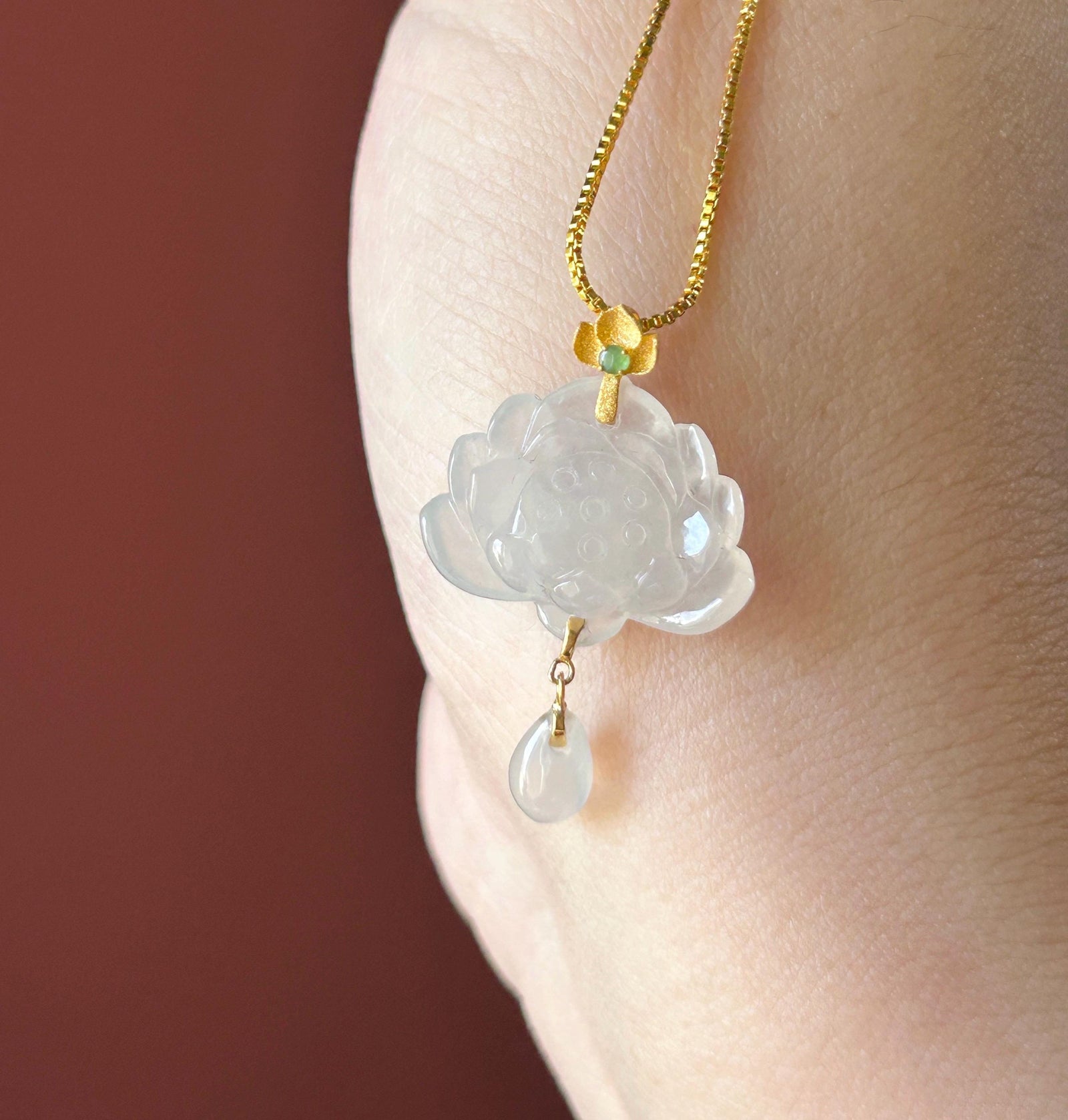 Certified Natural Jadeite Lotus Pendant Minimalist Jewelry Burmese Type A Highly Translucent Icy Moonlight White Jade, 18k Solid Gold Bail