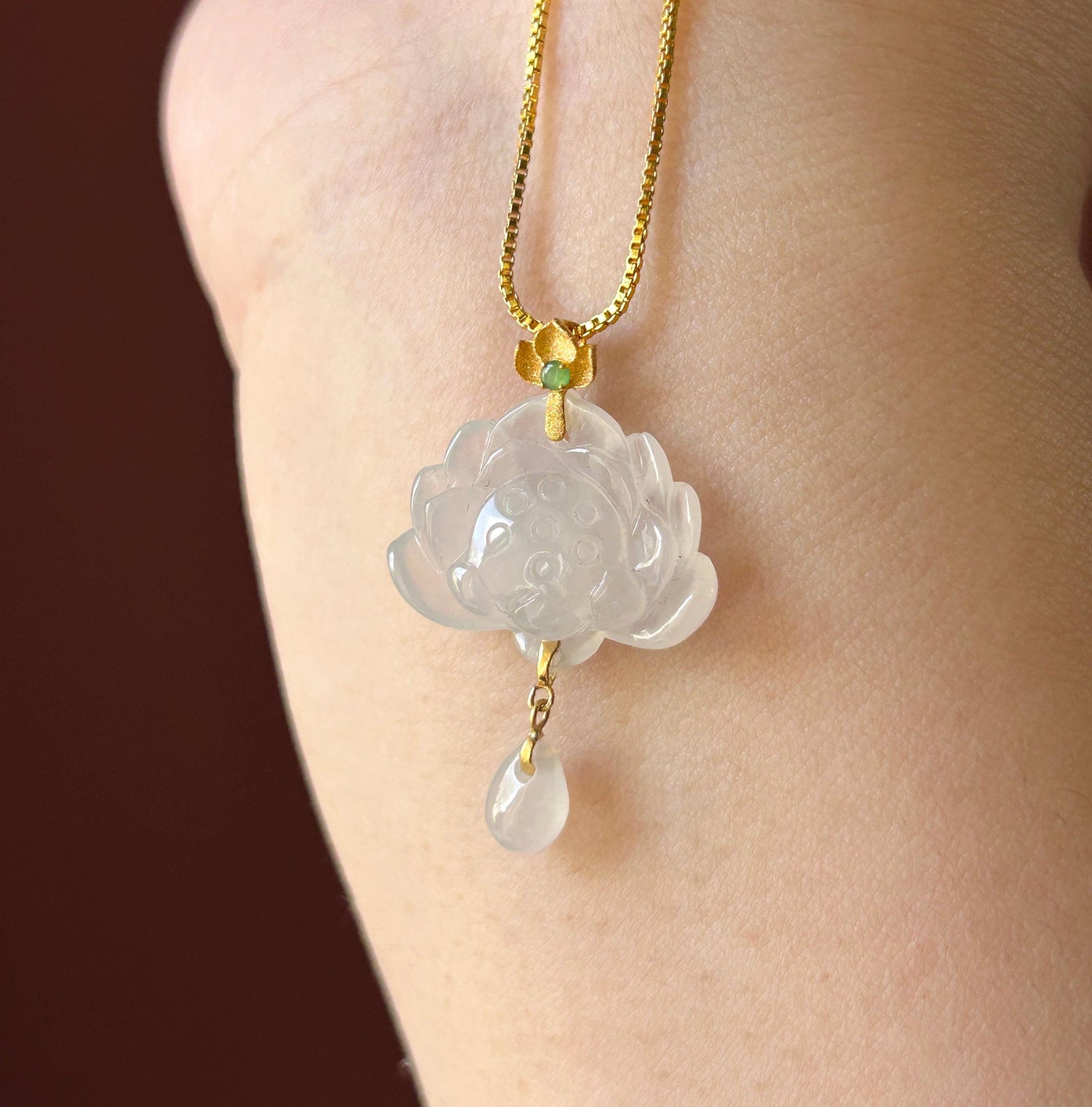 Certified Natural Jadeite Lotus Pendant Minimalist Jewelry Burmese Type A Highly Translucent Icy Moonlight White Jade, 18k Solid Gold Bail