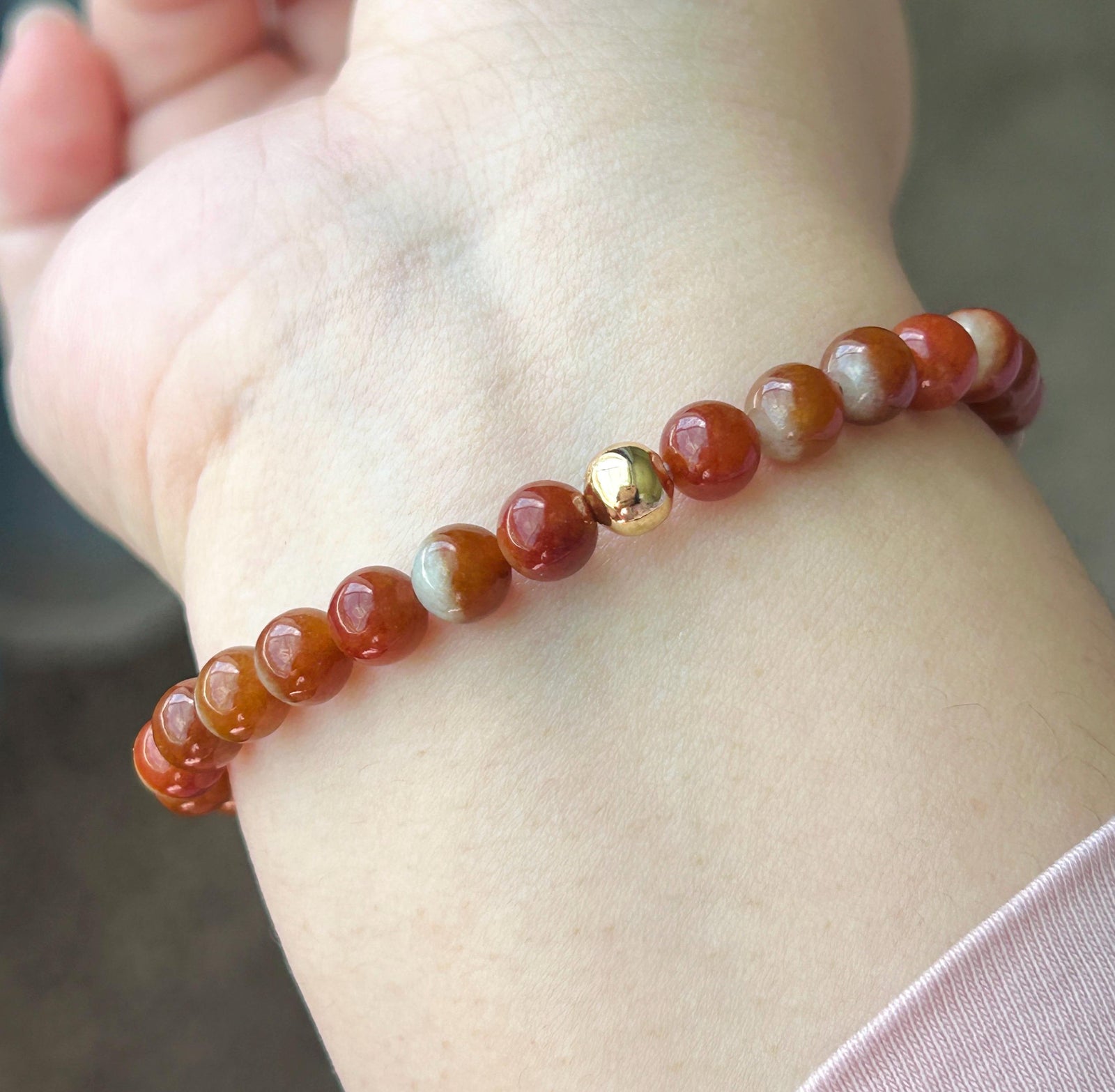 Certified Natural Jadeite Beaded Bracelet – Burmese Type A Unheated Rare Icy Two-Tone-Red Jade, 6.7mm, Minimalist Jewelry