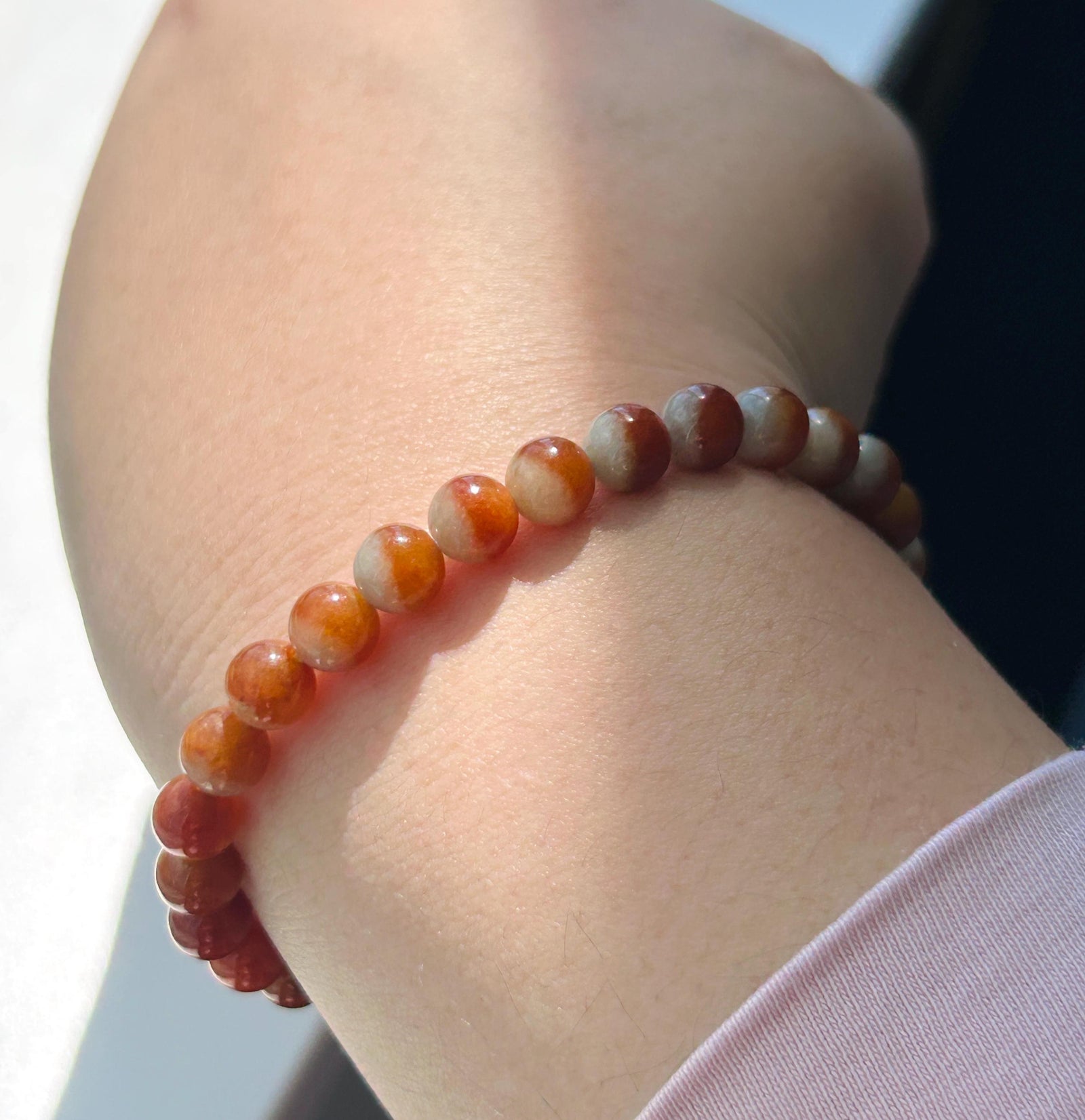 Certified Natural Jadeite Beaded Bracelet – Burmese Type A Unheated Rare Icy Two-Tone-Red Jade, 6.7mm, Minimalist Jewelry