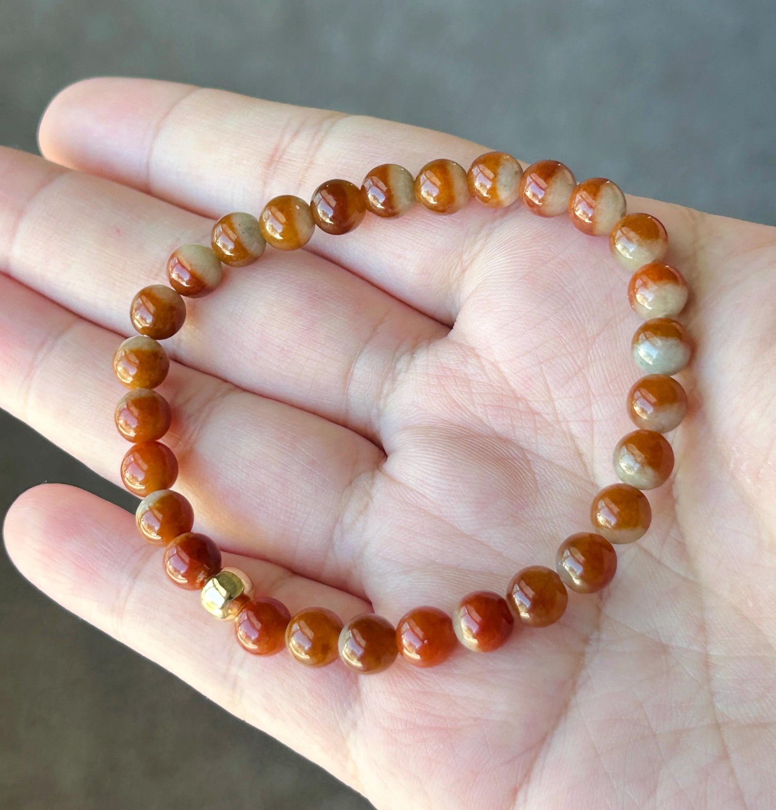 Certified Natural Jadeite Beaded Bracelet – Burmese Type A Unheated Rare Icy Two-Tone-Red Jade, 6.7mm, Minimalist Jewelry