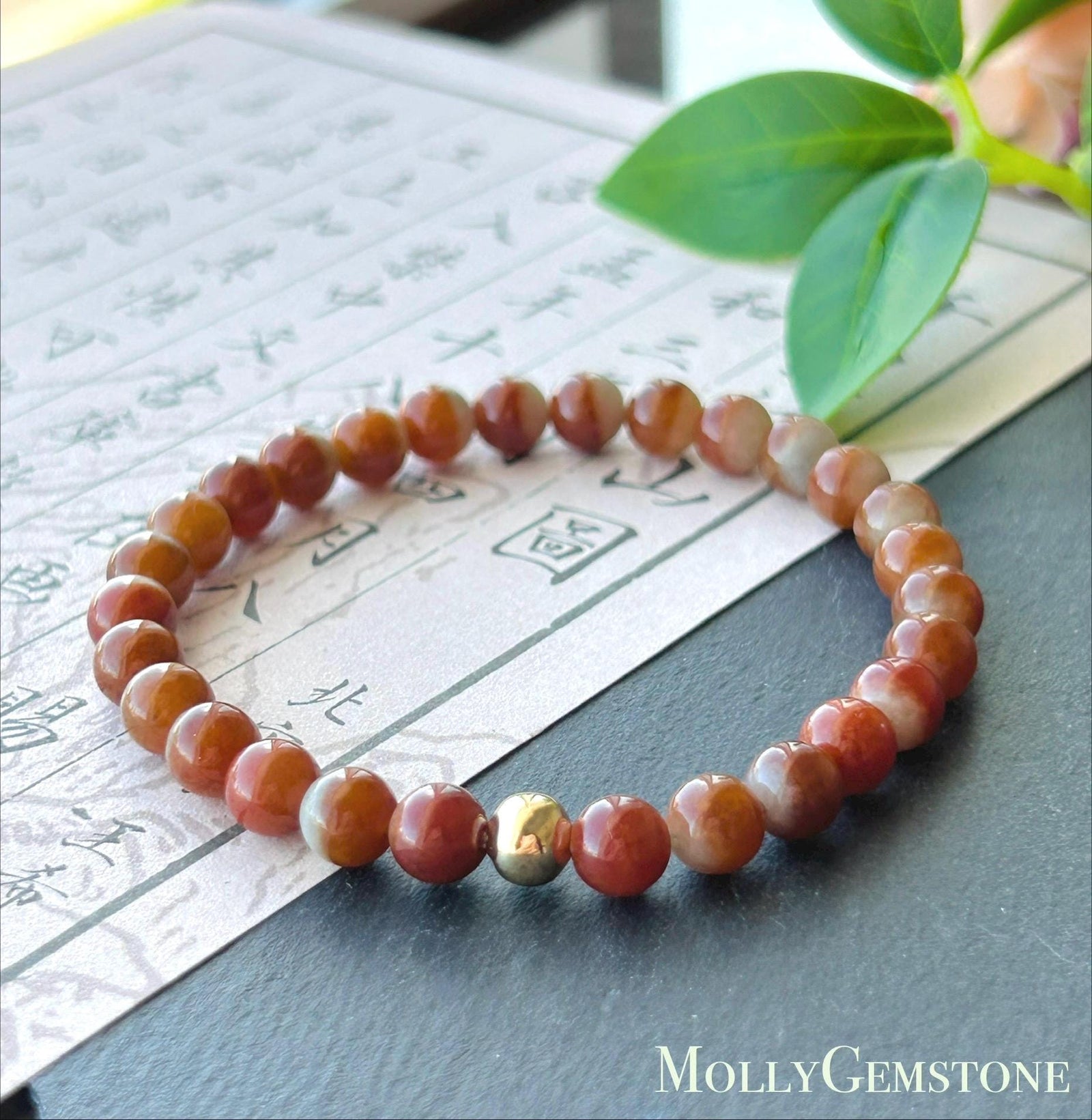 Certified Natural Jadeite Beaded Bracelet – Burmese Type A Unheated Rare Icy Two-Tone-Red Jade, 6.7mm, Minimalist Jewelry