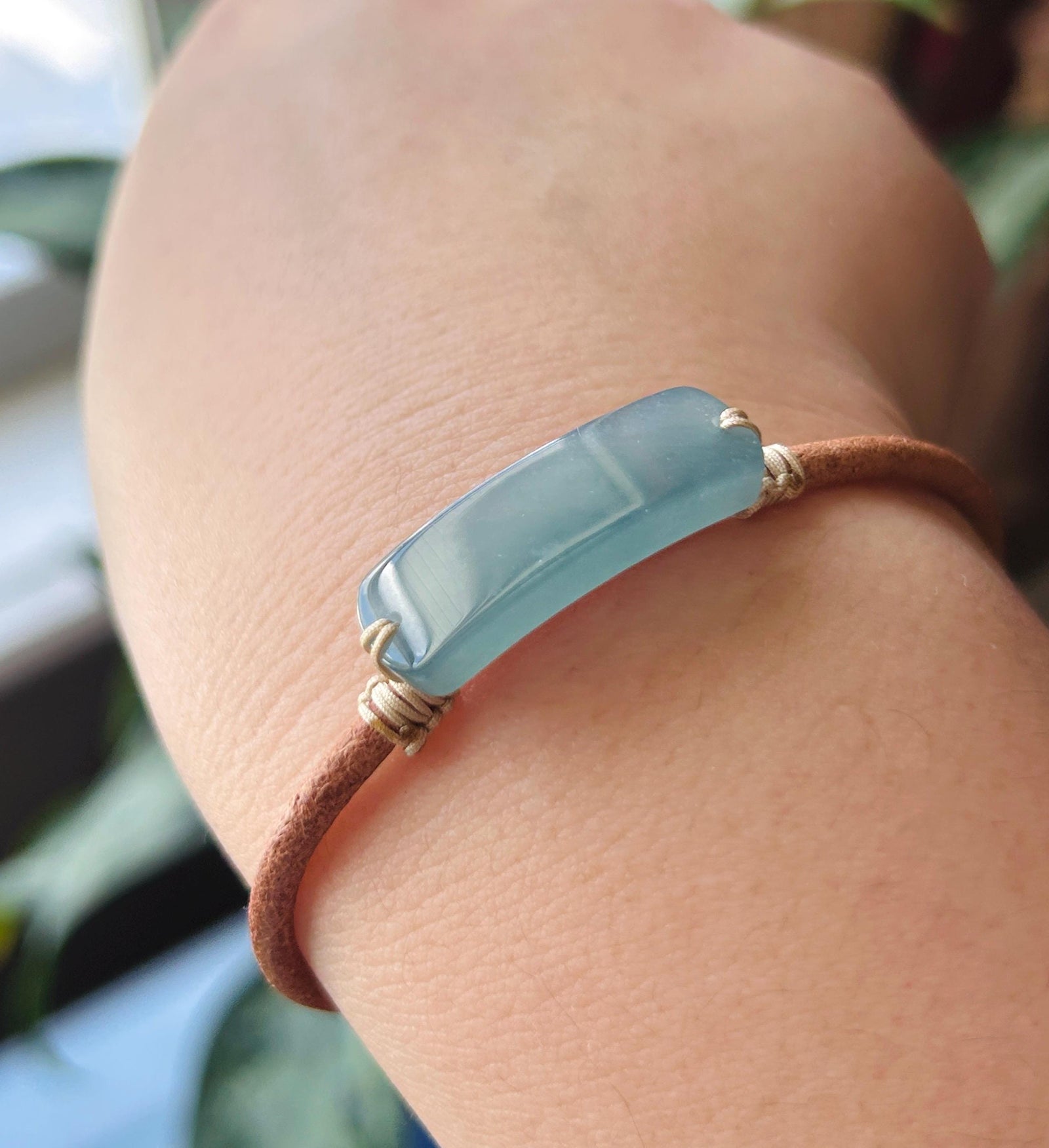 Natural Jadeite Plaque & Leather Bracelet Jewelry Untreated Type A Guatemalan Highly Translucent Icy Blue Jade| Minimalist Jewelry