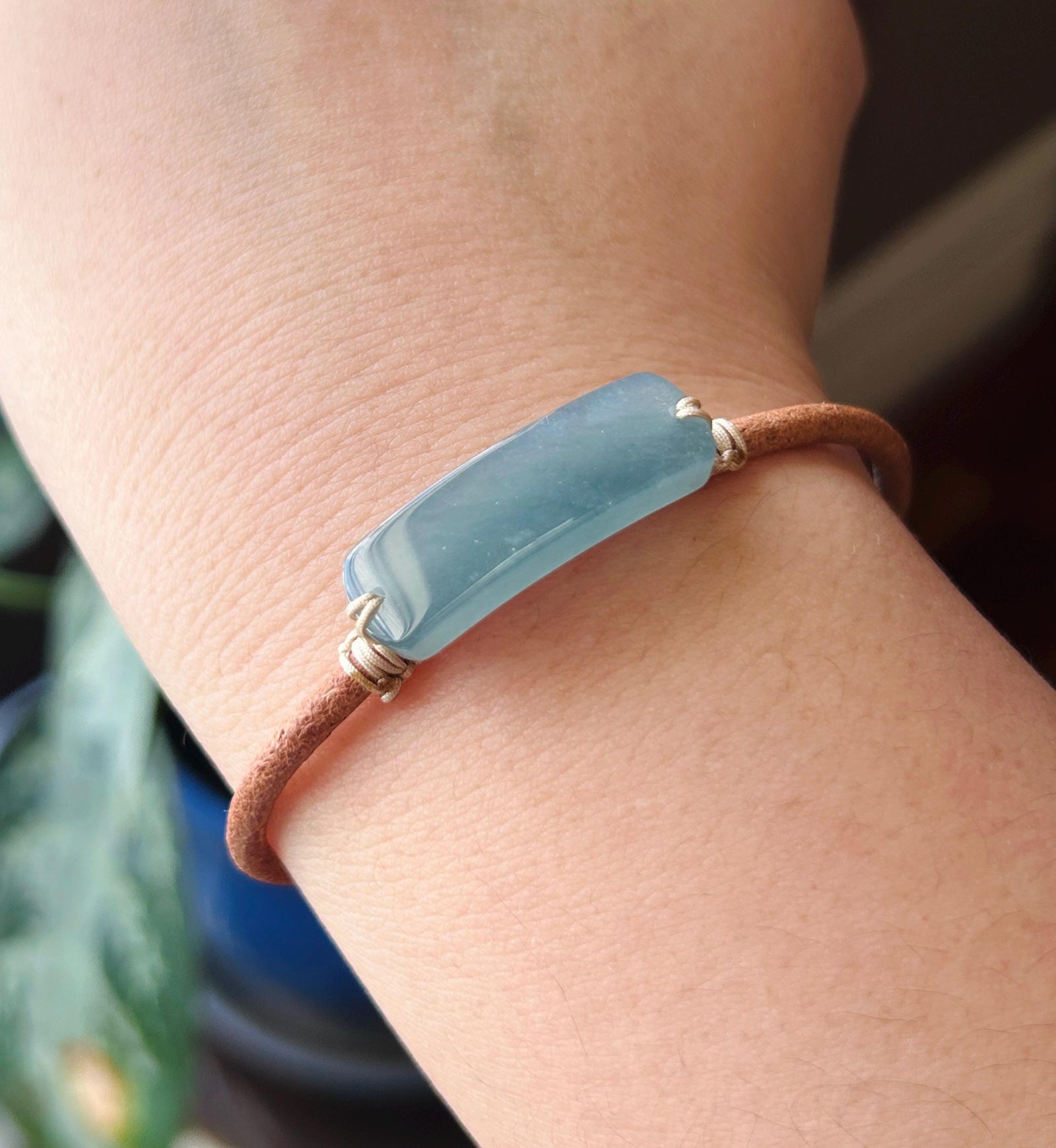 Natural Jadeite Plaque & Leather Bracelet Jewelry Untreated Type A Guatemalan Highly Translucent Icy Blue Jade| Minimalist Jewelry