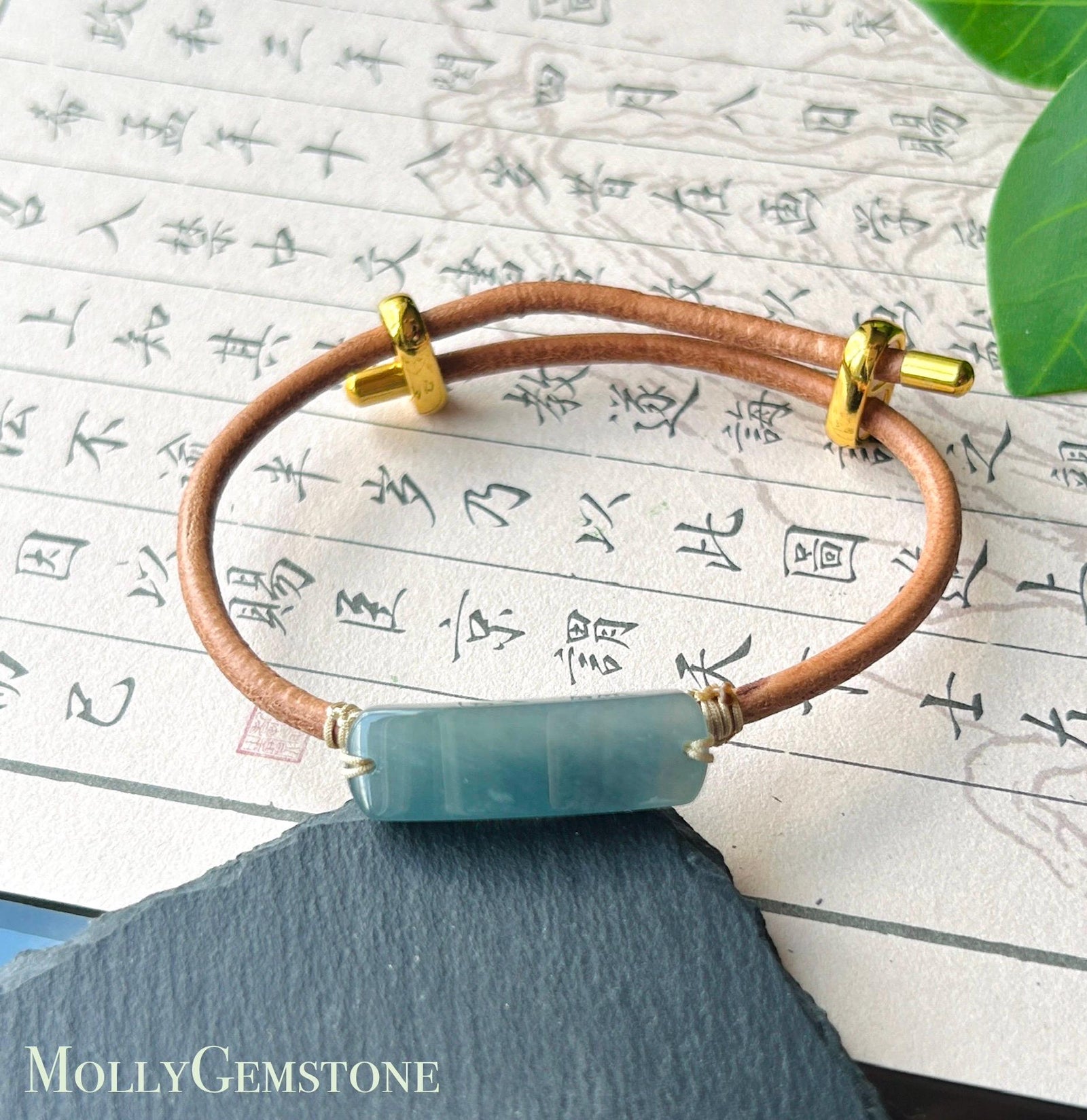 Natural Jadeite Plaque & Leather Bracelet Jewelry Untreated Type A Guatemalan Highly Translucent Icy Blue Jade| Minimalist Jewelry