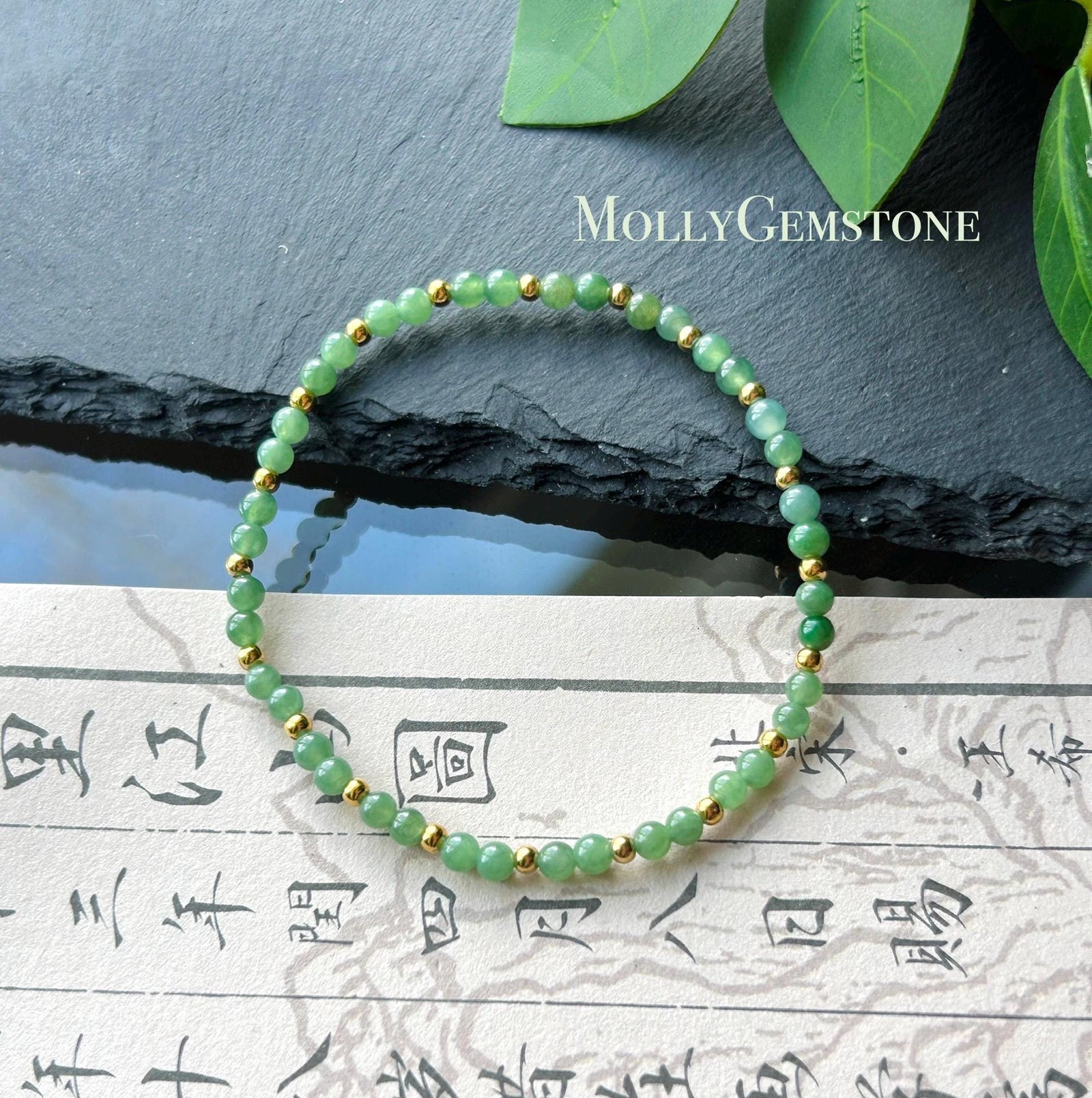 Natural Burmese Type A Jadeite Beaded Bracelet – Icy Translucent Grass Green Jade, 3.5mm| 18k Gold Vermeil