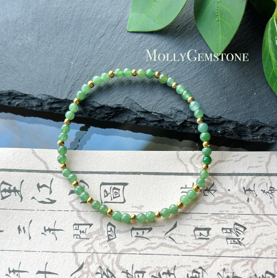Natural Burmese Type A Jadeite Beaded Bracelet – Icy Translucent Grass Green Jade, 3.5mm| 18k Gold Vermeil