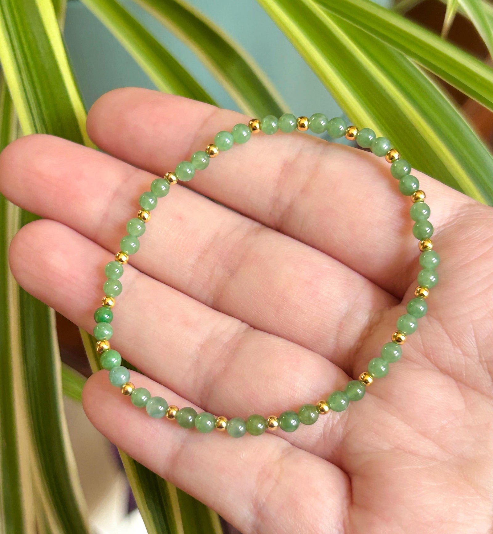 Natural Burmese Type A Jadeite Beaded Bracelet – Icy Translucent Grass Green Jade, 3.5mm| 18k Gold Vermeil