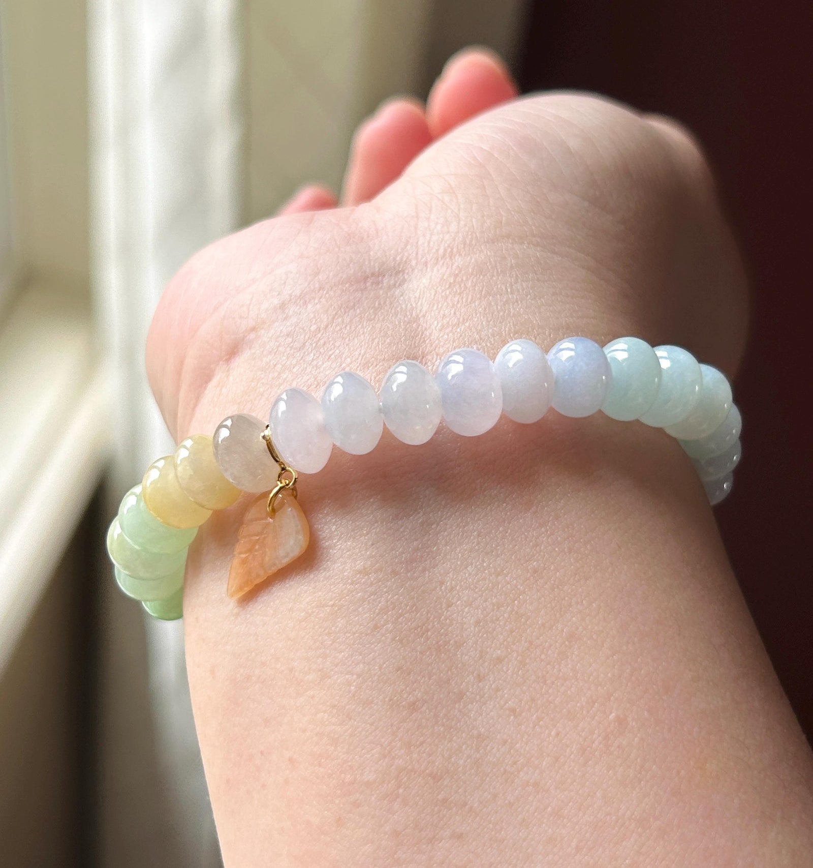 Natural Jadeite Beaded Gradient Bracelet – Burmese Type A Highly Translucent Icy Rainbow Multicolor Jade, 9.2mm