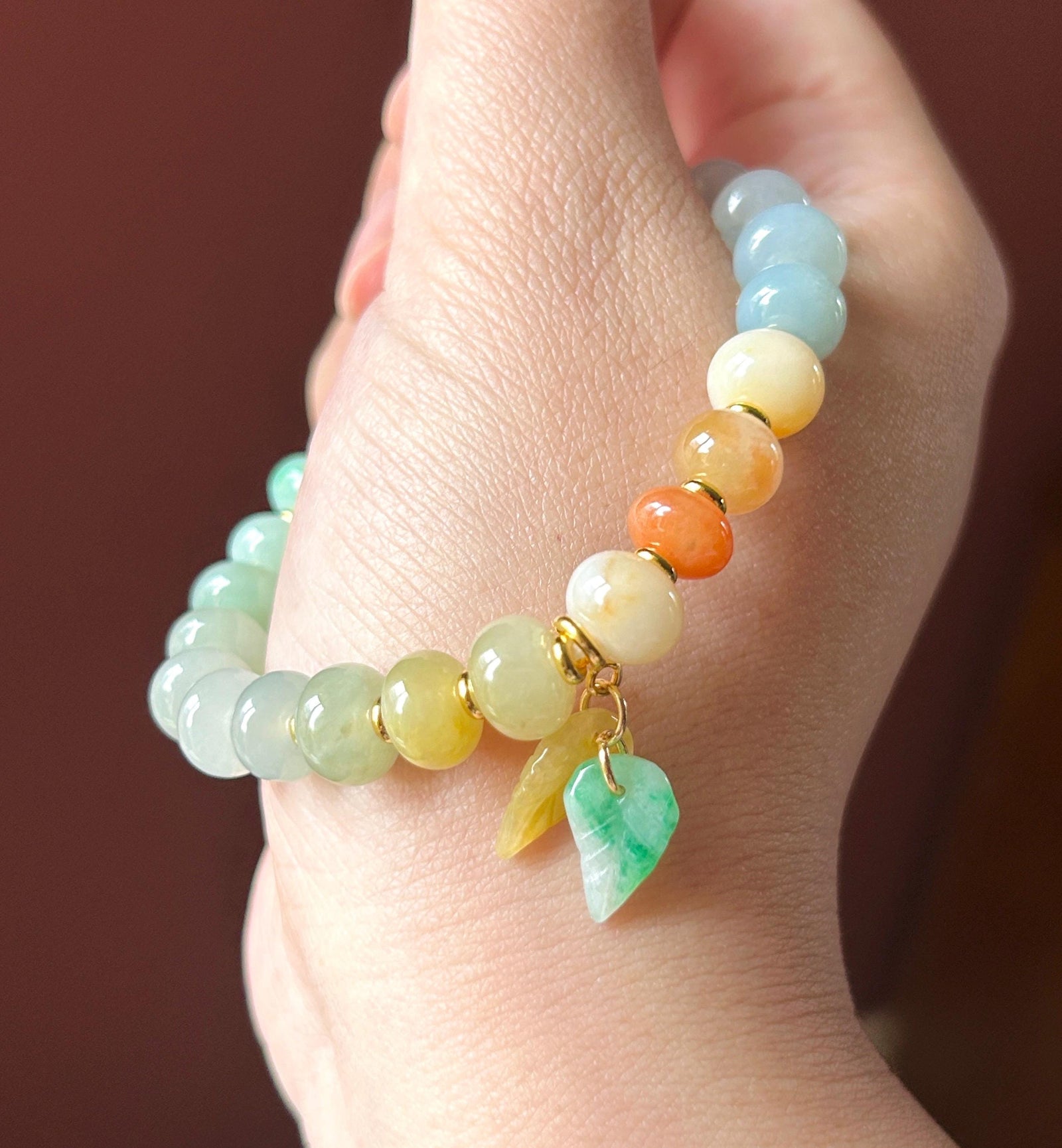 Natural Jadeite Beaded Gradient Bracelet – Burmese Type A Highly Translucent Icy Vibrant Rainbow Multicolor Jade, 9+mm