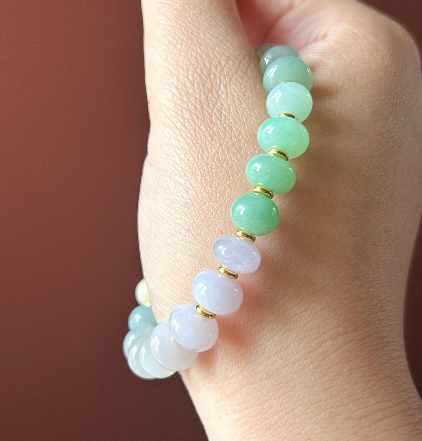 Natural Jadeite Beaded Gradient Bracelet – Burmese Type A Highly Translucent Icy Vibrant Rainbow Multicolor Jade, 9+mm