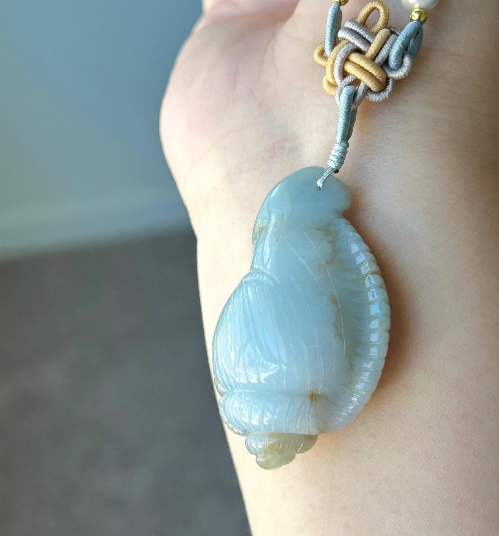 Natural Jadeite Sea Shell Pendant Burmese Type A Icy Glutinous Grayish Blue Red Floral Jade, Handwoven Adjustable Cord