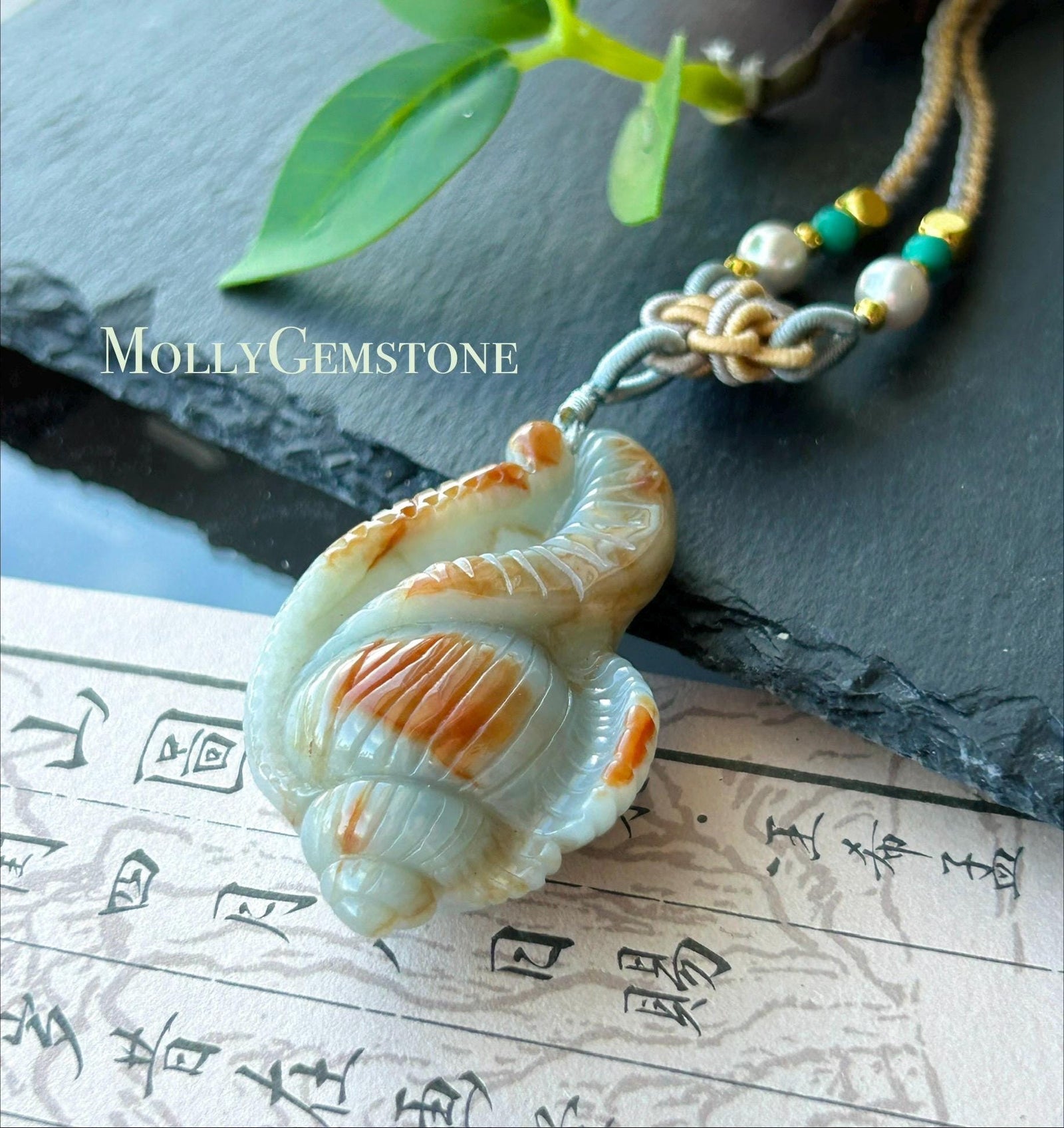 Natural Jadeite Sea Shell Pendant Burmese Type A Icy Glutinous Grayish Blue Red Floral Jade, Handwoven Adjustable Cord