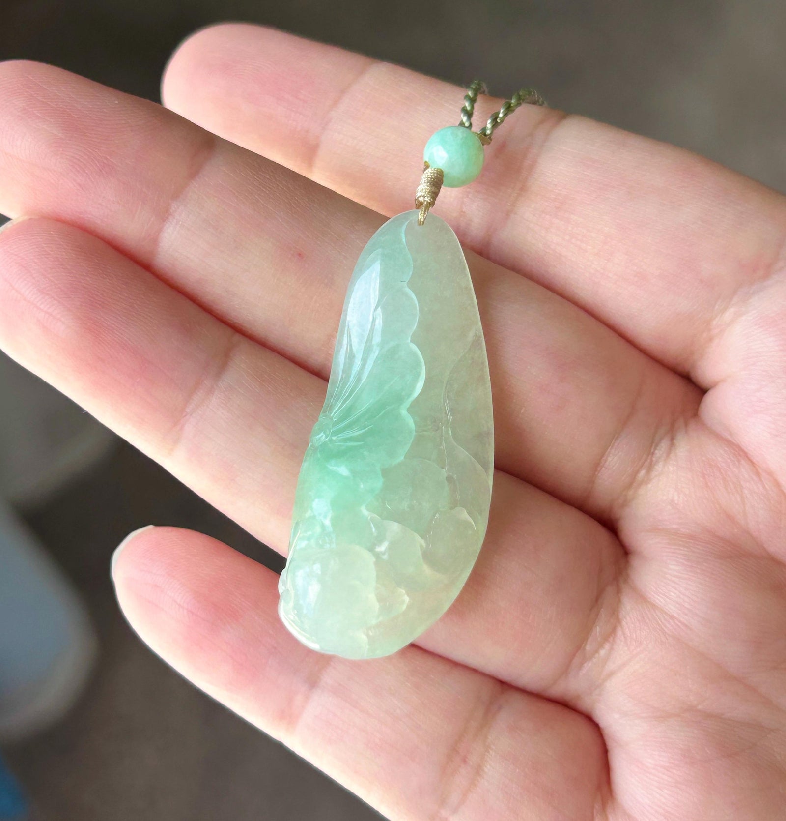 Certified Natural Jadeite Lotus Pendant Burmese Type A Translucent Icy Apple Green Jade, Handwoven Adjustable Cord