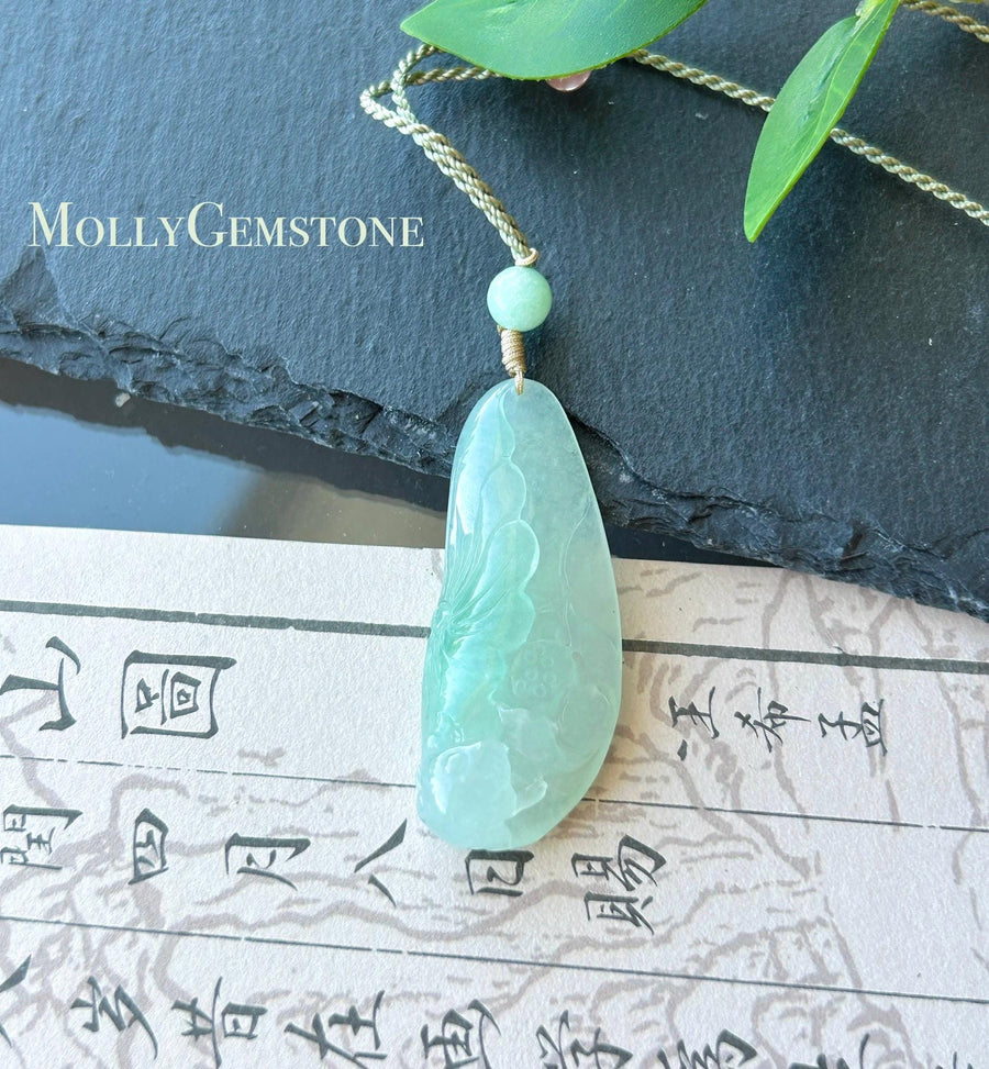 Certified Natural Jadeite Lotus Pendant Burmese Type A Translucent Icy Apple Green Jade, Handwoven Adjustable Cord