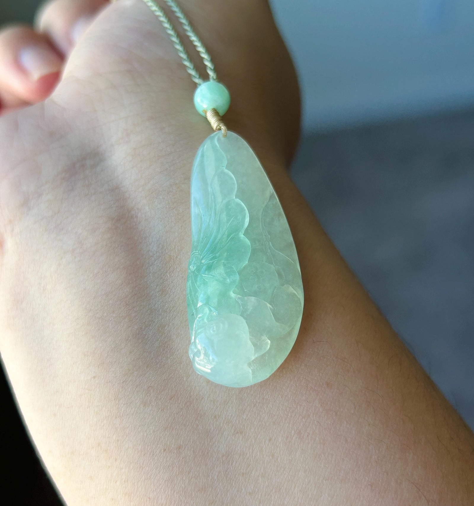 Certified Natural Jadeite Lotus Pendant Burmese Type A Translucent Icy Apple Green Jade, Handwoven Adjustable Cord