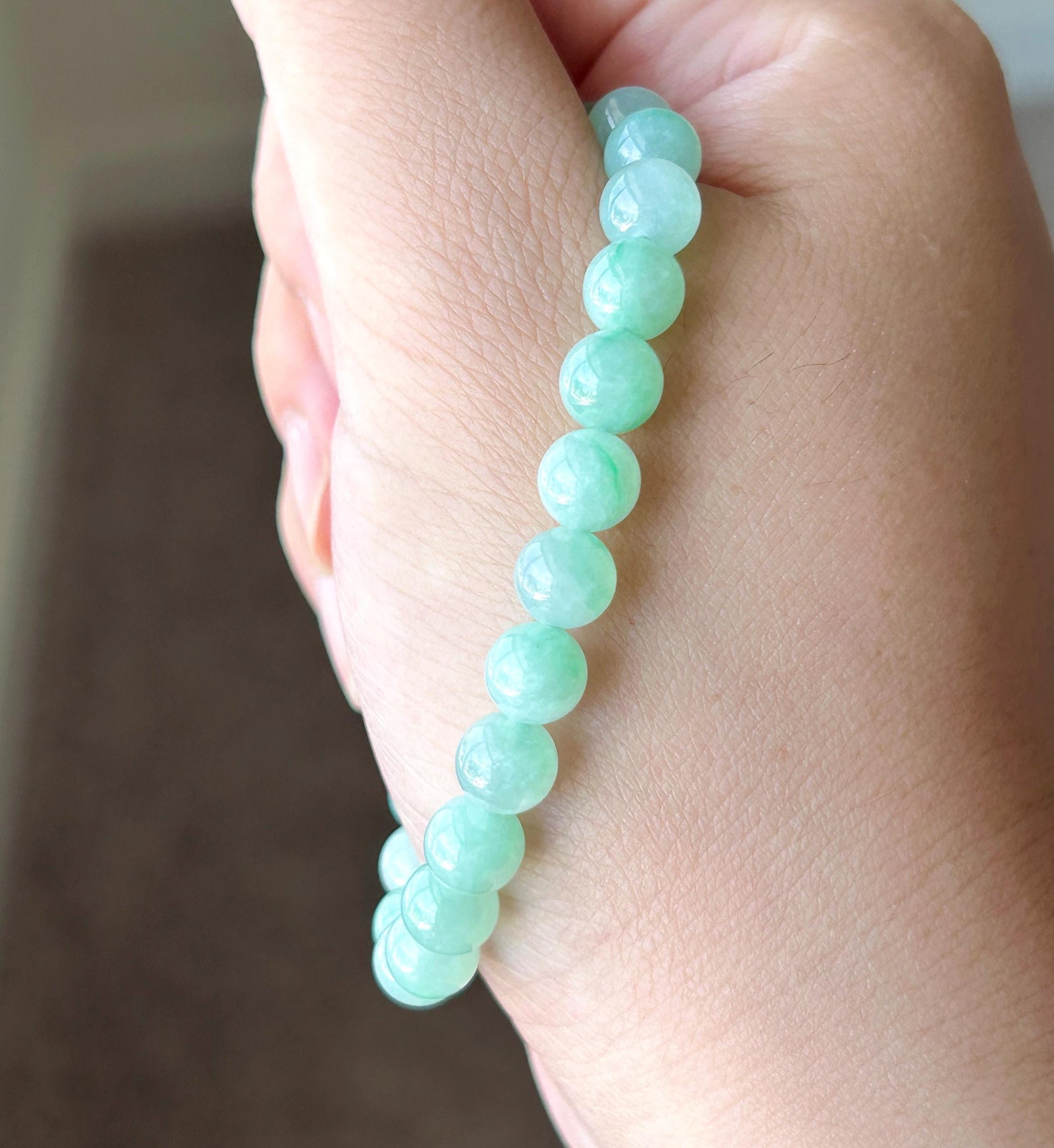 Natural Jadeite Bracelet, Burmese Type A Icy Translucent Apple Green with Vivid-Green Floral Jade Beads, 7mm, Minimalist Jewelry