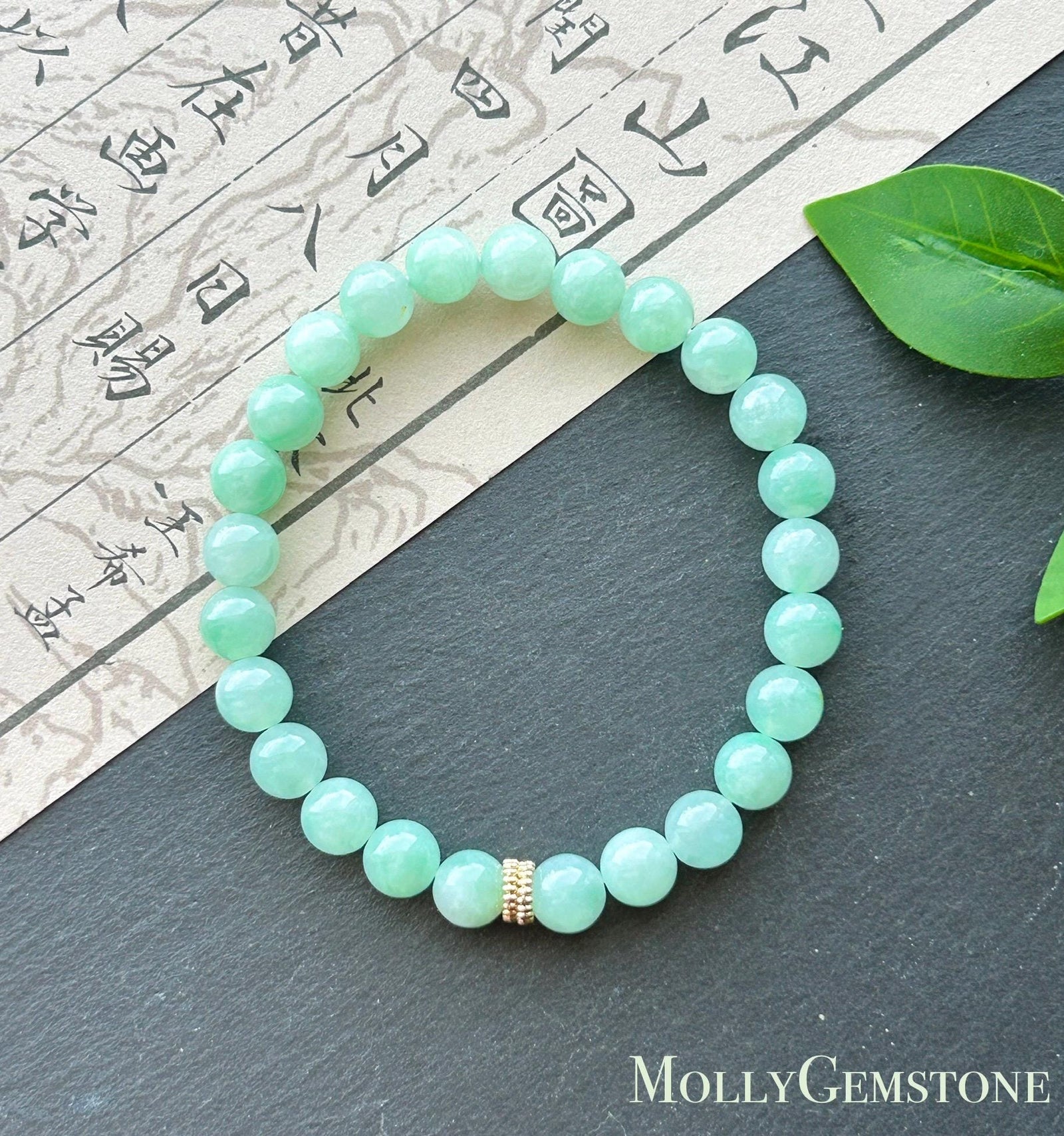 Natural Jadeite Bracelet, Burmese Type A Icy Translucent Apple Green with Vivid-Green Floral Jade Beads, 7mm, Minimalist Jewelry