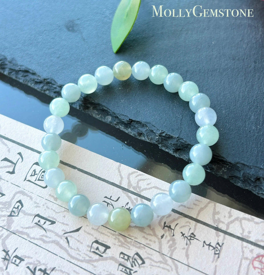 Natural Jadeite Bracelet, Burmese Type A Highly Translucent Icy Macaron Multicolor - Green, Blue, Lavender, Yellow Jade Beads, 7mm