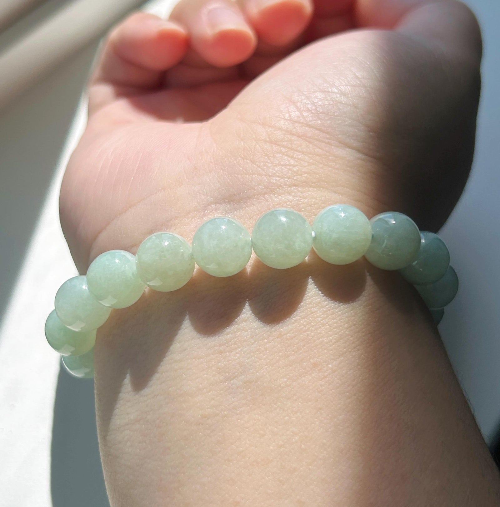 Natural Jadeite Bracelet, Burmese Type A Icy Gelatinous Pale Apple Green Jade Beads, 9.6mm, Minimalist Jewelry