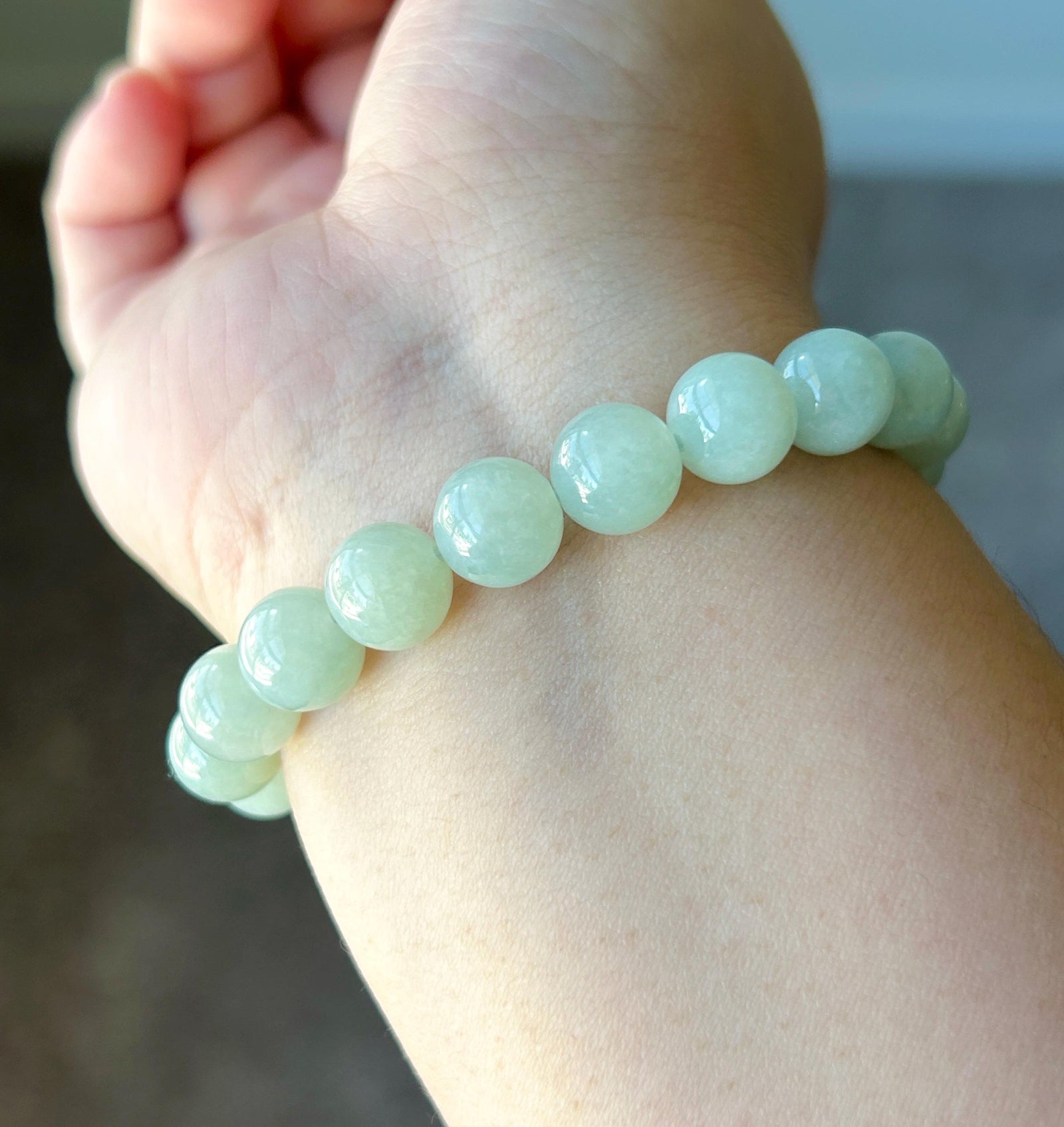 Natural Jadeite Bracelet, Burmese Type A Icy Gelatinous Pale Apple Green Jade Beads, 9.6mm, Minimalist Jewelry