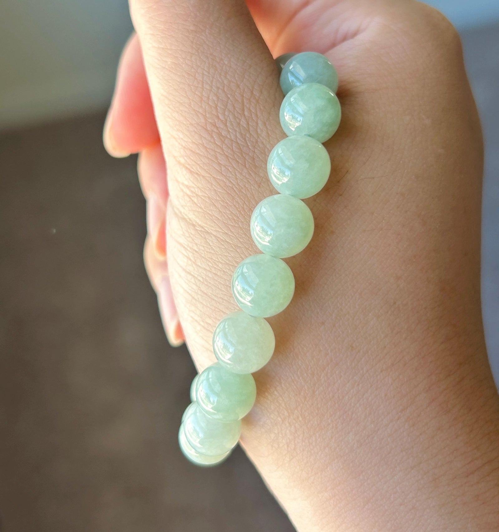 Natural Jadeite Bracelet, Burmese Type A Icy Gelatinous Pale Apple Green Jade Beads, 9.6mm, Minimalist Jewelry