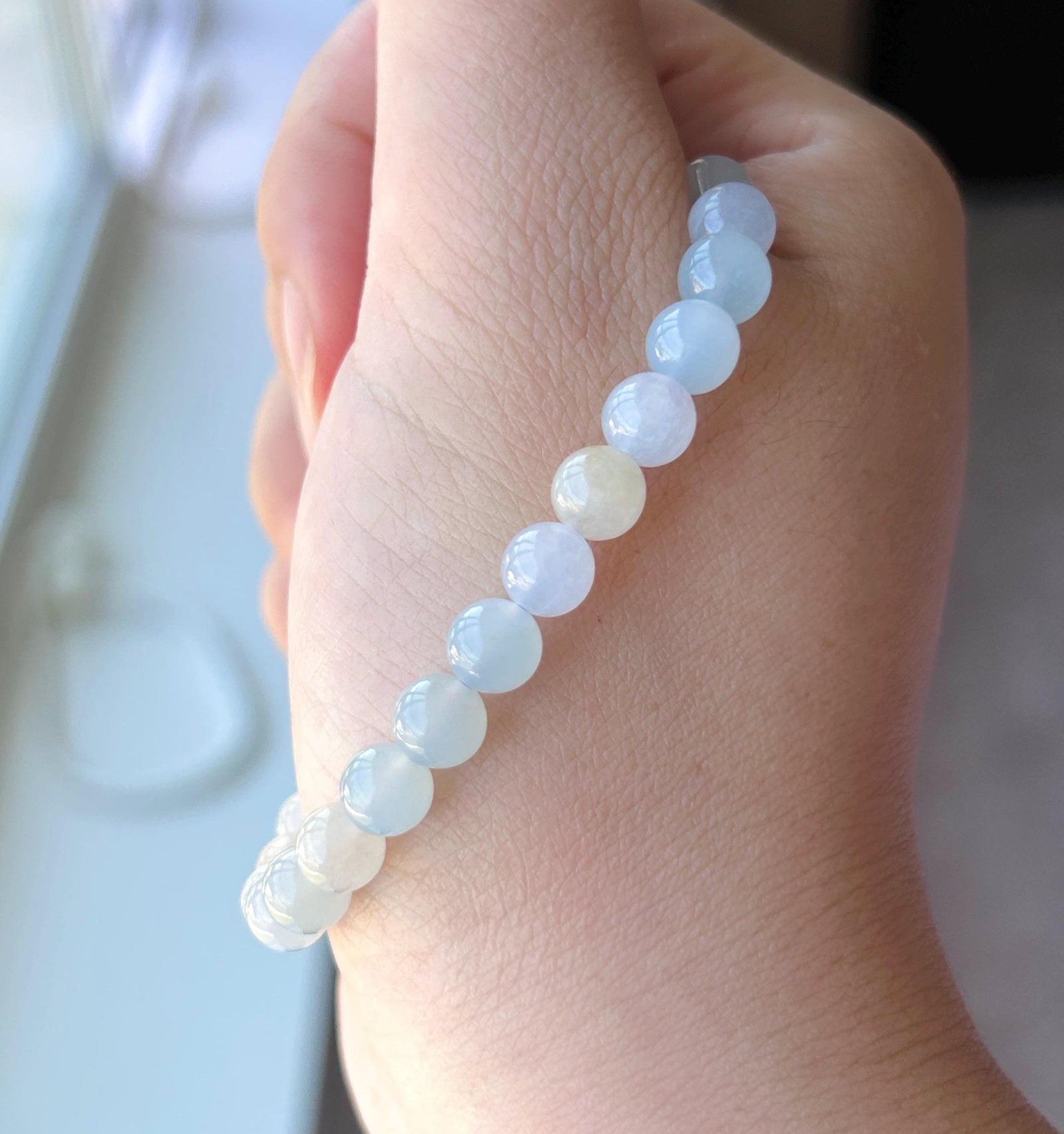 Natural Jadeite Bracelet, Burmese Type A Highly Translucent Icy Macaron Multicolor - Pale Blue, Lavender, Red Floral Jade Beads, 6.8mm