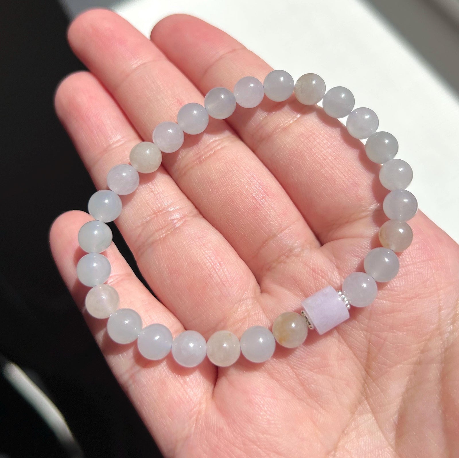 Natural Jadeite Bracelet, Burmese Type A Highly Translucent Icy Macaron Multicolor - Pale Blue, Lavender, Red Floral Jade Beads, 6.8mm