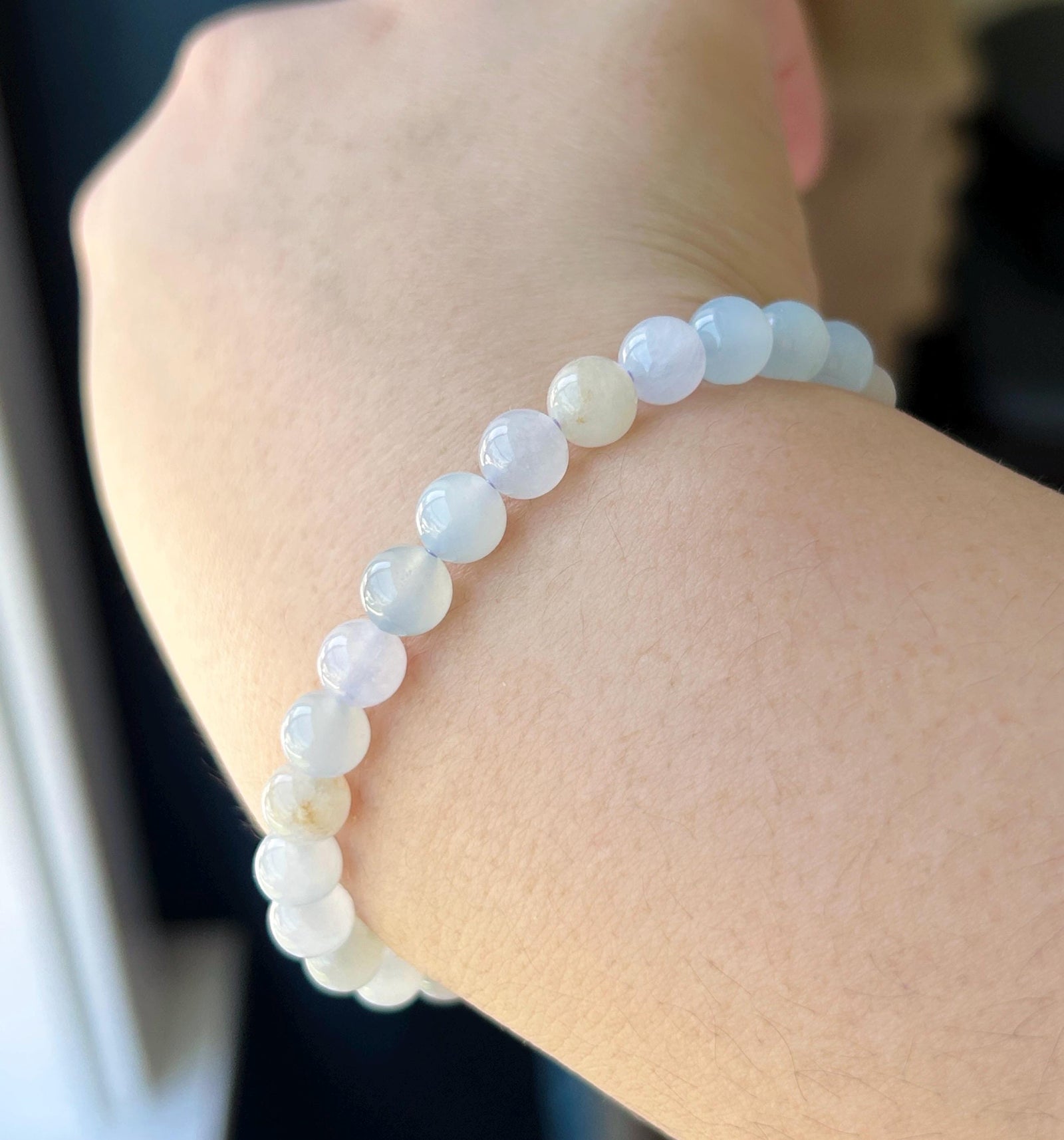 Natural Jadeite Bracelet, Burmese Type A Highly Translucent Icy Macaron Multicolor - Pale Blue, Lavender, Red Floral Jade Beads, 6.8mm