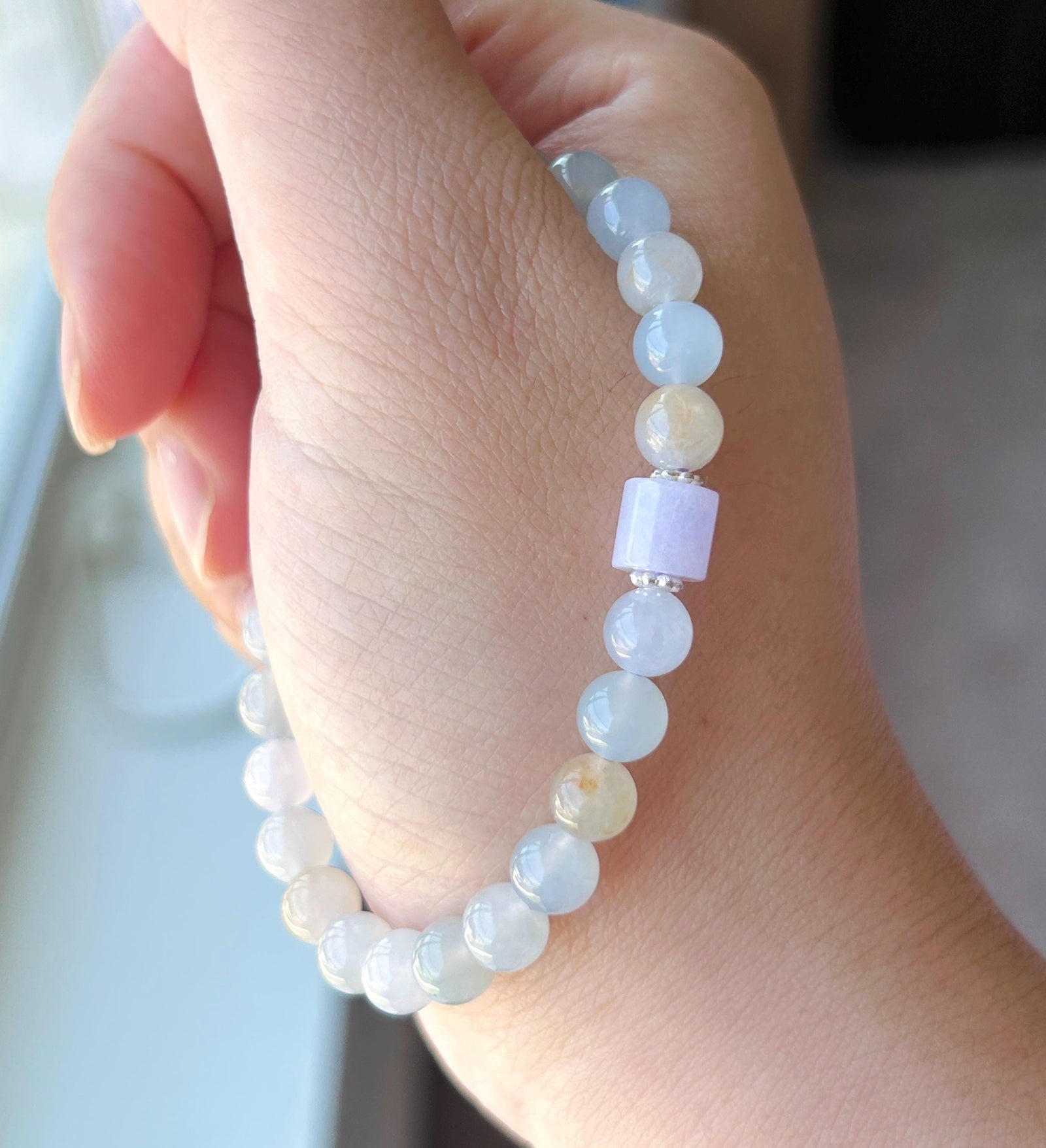 Natural Jadeite Bracelet, Burmese Type A Highly Translucent Icy Macaron Multicolor - Pale Blue, Lavender, Red Floral Jade Beads, 6.8mm